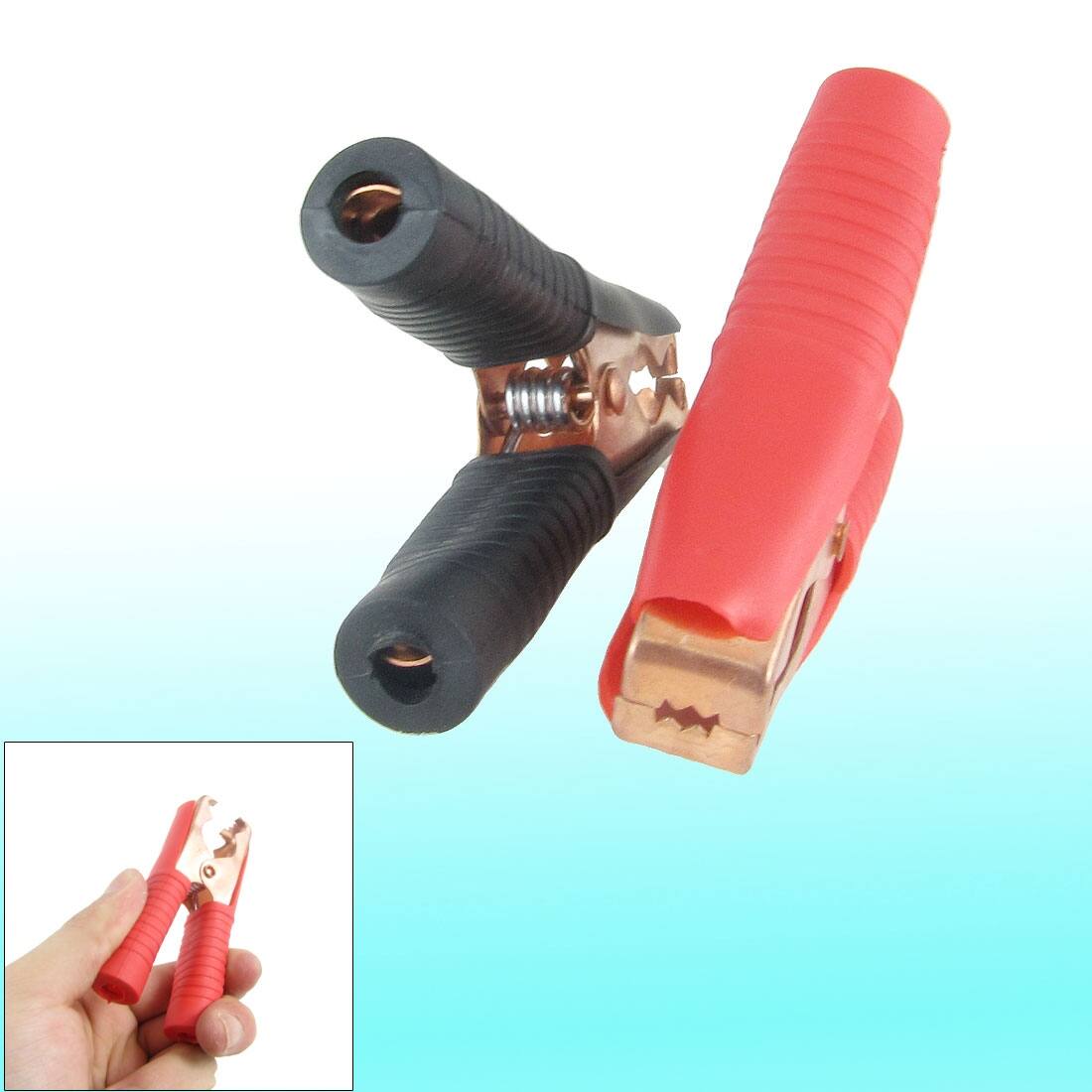 2x Plastic Handle 100A Copper Plated Metal Car Alligator Battery Clips - Black, Red, Copper Tone