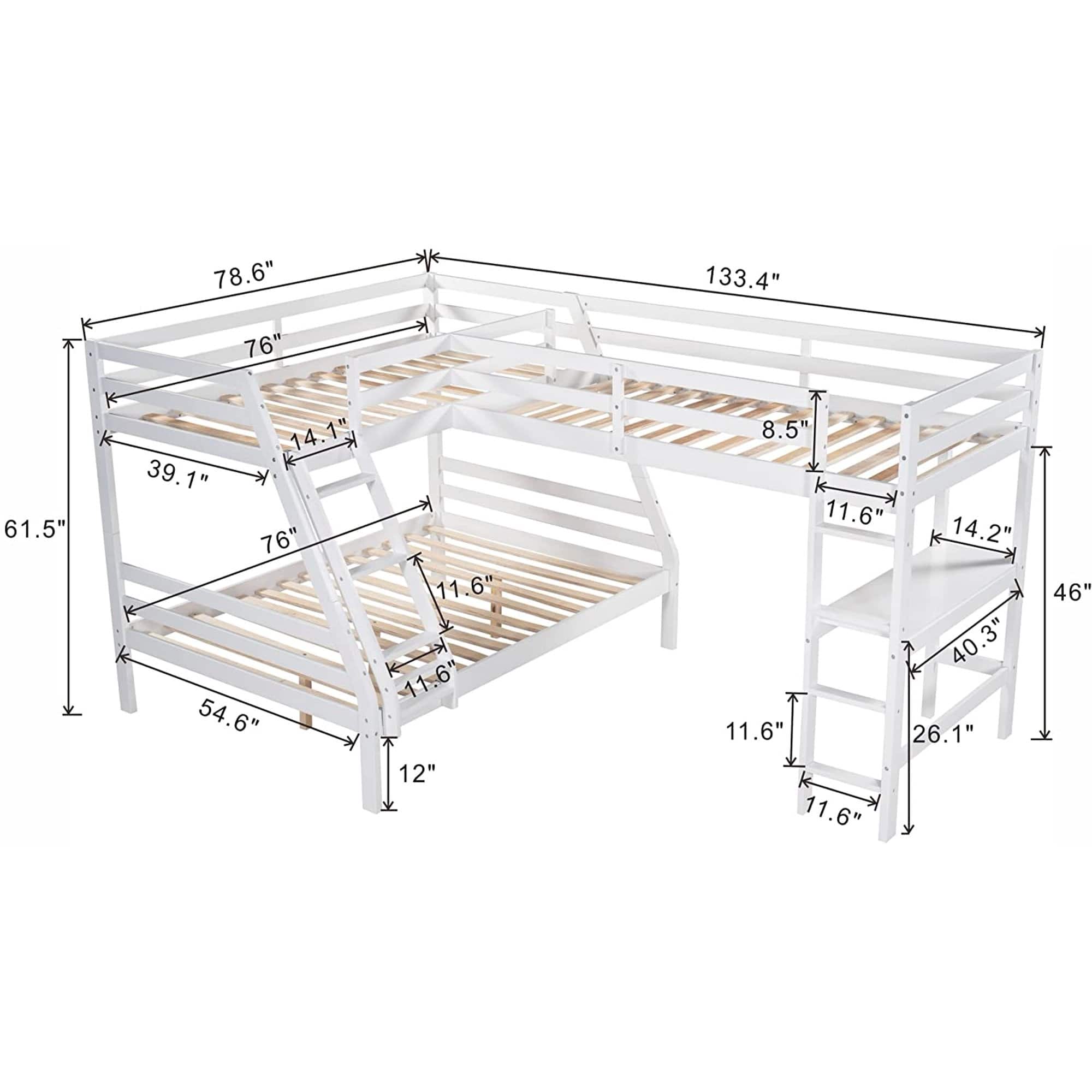 L Shaped Triple Bunk Bed, Twin Over Full Bunk Bed & Twin Loft Bed with Built-in Desk, Wooden Bunk Bed Frame for Kids Teens