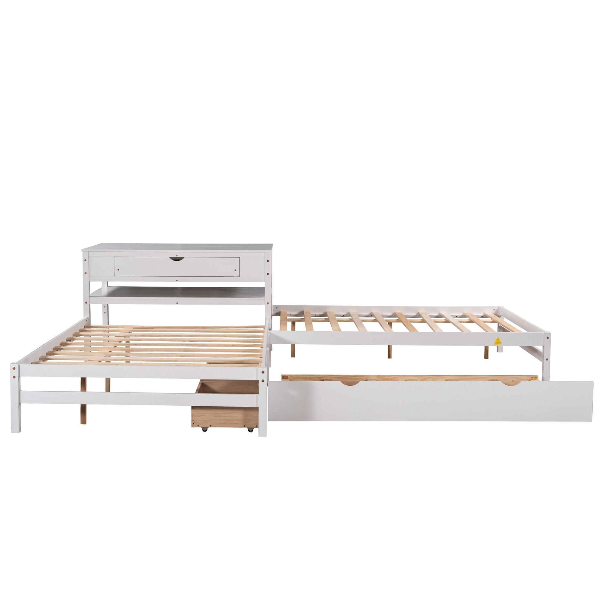 L-Shaped Full Platform Beds with Twin Trundle & Drawers Linked with Built-in Rectangle Table