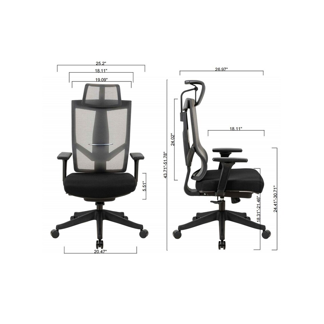 Excustive office chair with headrest and 2D armrest, chase back function with 7 gears adjustment in Black