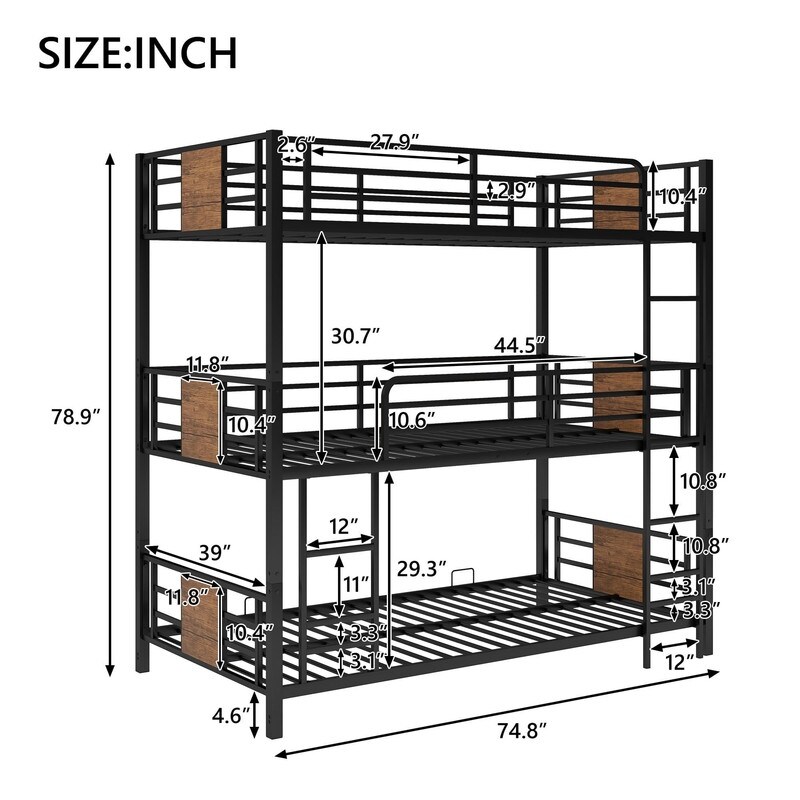 Twin Size Triple Metal Bunk Bed, with Wood Decoration Headboard and Footboard
