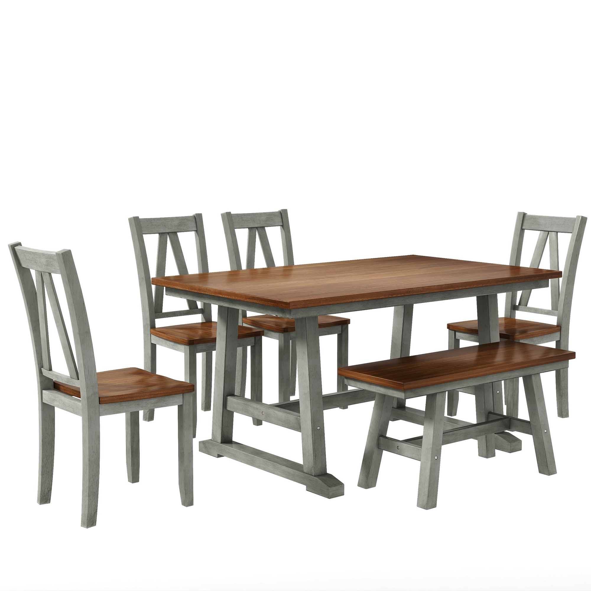 6-Piece Wood Dining Table Set with Long Bench and 4 Dining Chairs