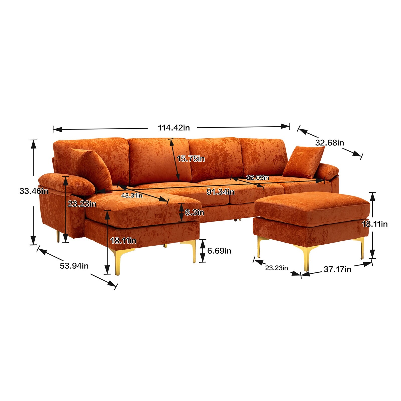 L-Shaped Living Room Sectional Sofa, Convertible Modular Sofa with Gold Metal Legs
