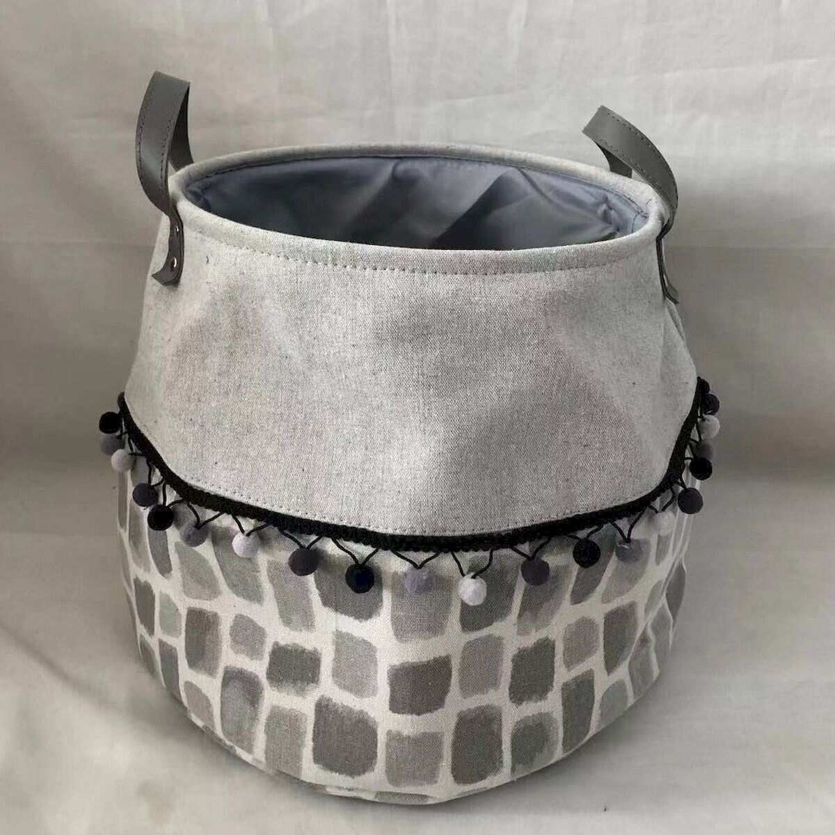 Gray Top With Gray Squares And Black Pom Pom Trim Handled Basket