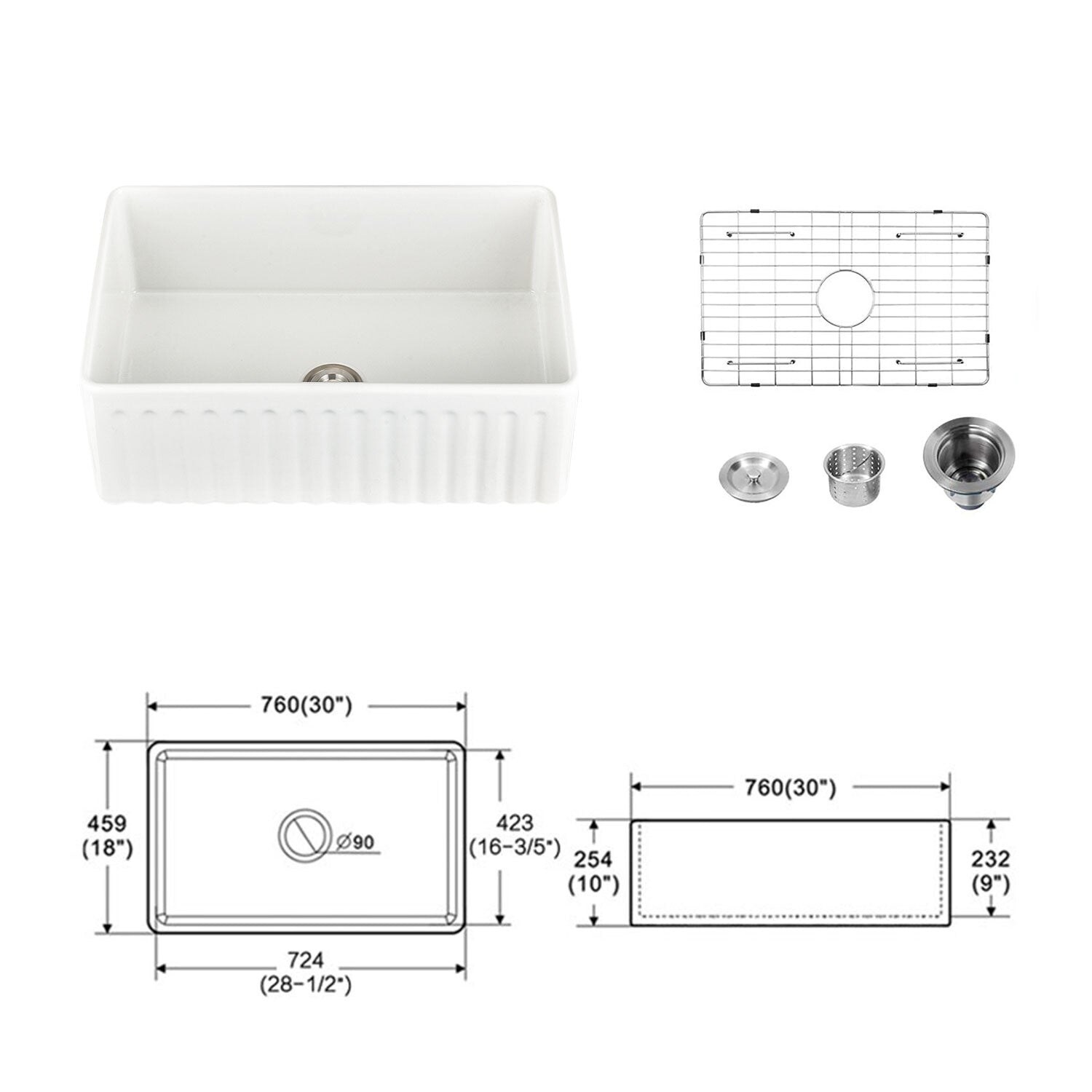 White Fireclay Single Bowl Farmhouse Apron Kitchen Sink with Grid and Strainer