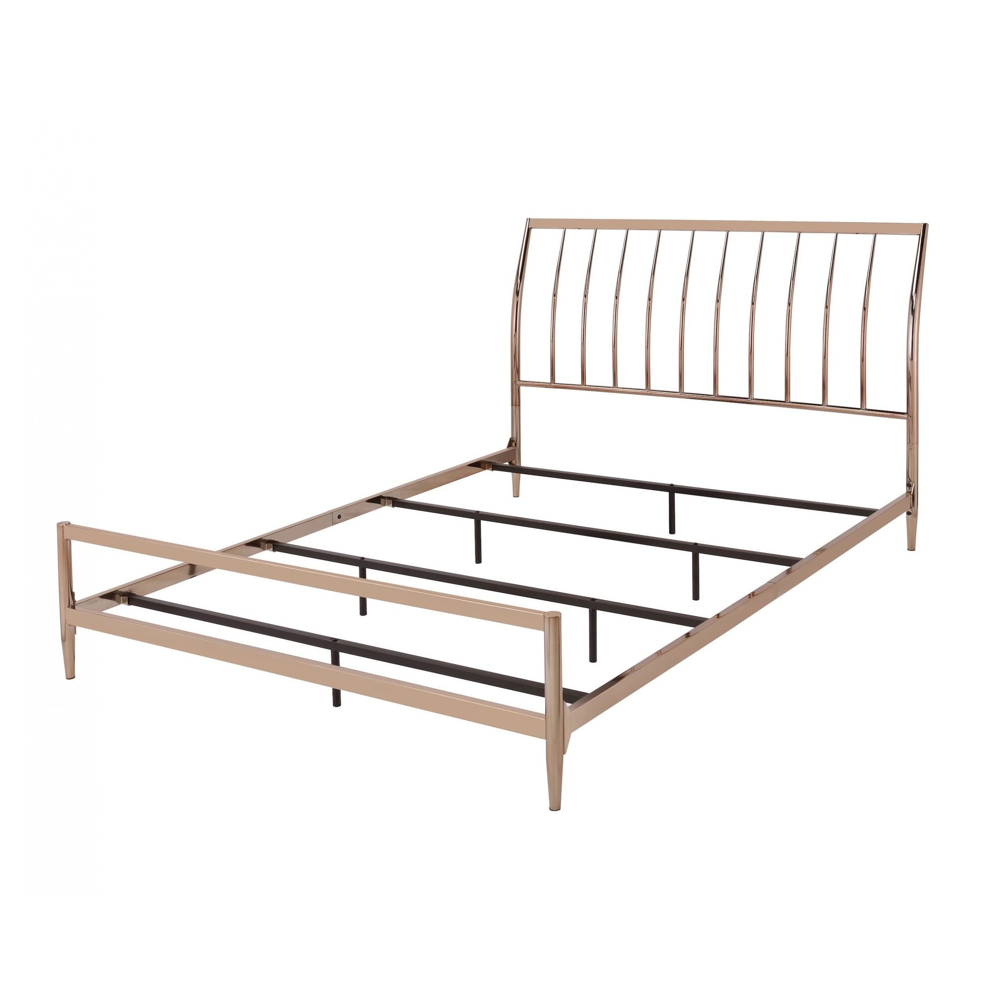 Industrial Marianne Queen Sleigh Bed with Slatted Design Headboard, and Tapered Legs, Copper