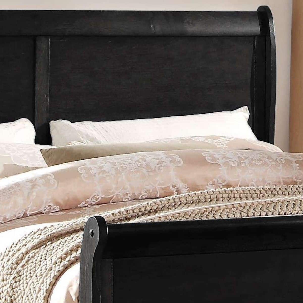 Louis Philippe III Wood Eastern King Bed Sleigh Bed with Headboard and Footboard in Black