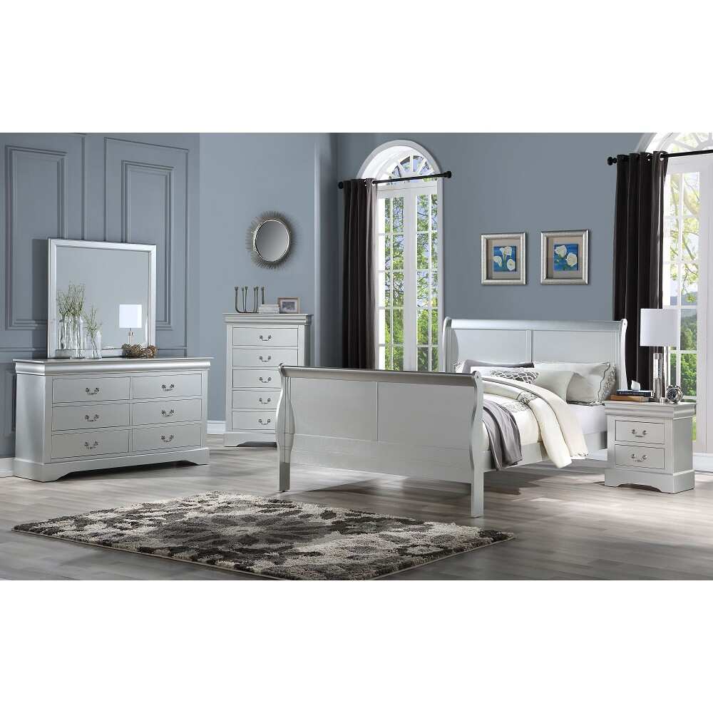 Louis Philippe III Eastern King Bed Sleigh Bed in Platinum with Headboard&Footboard