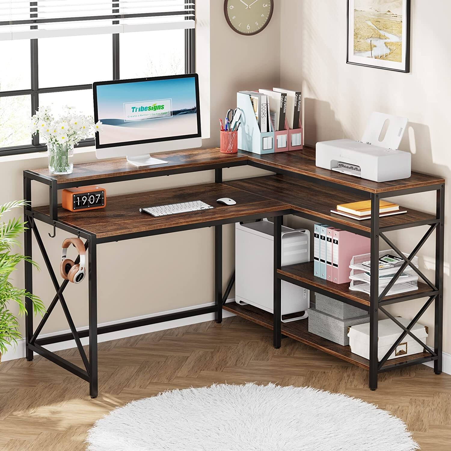Reversible L Shaped Computer Desk, 53 Inch Corner Desk with Shelves