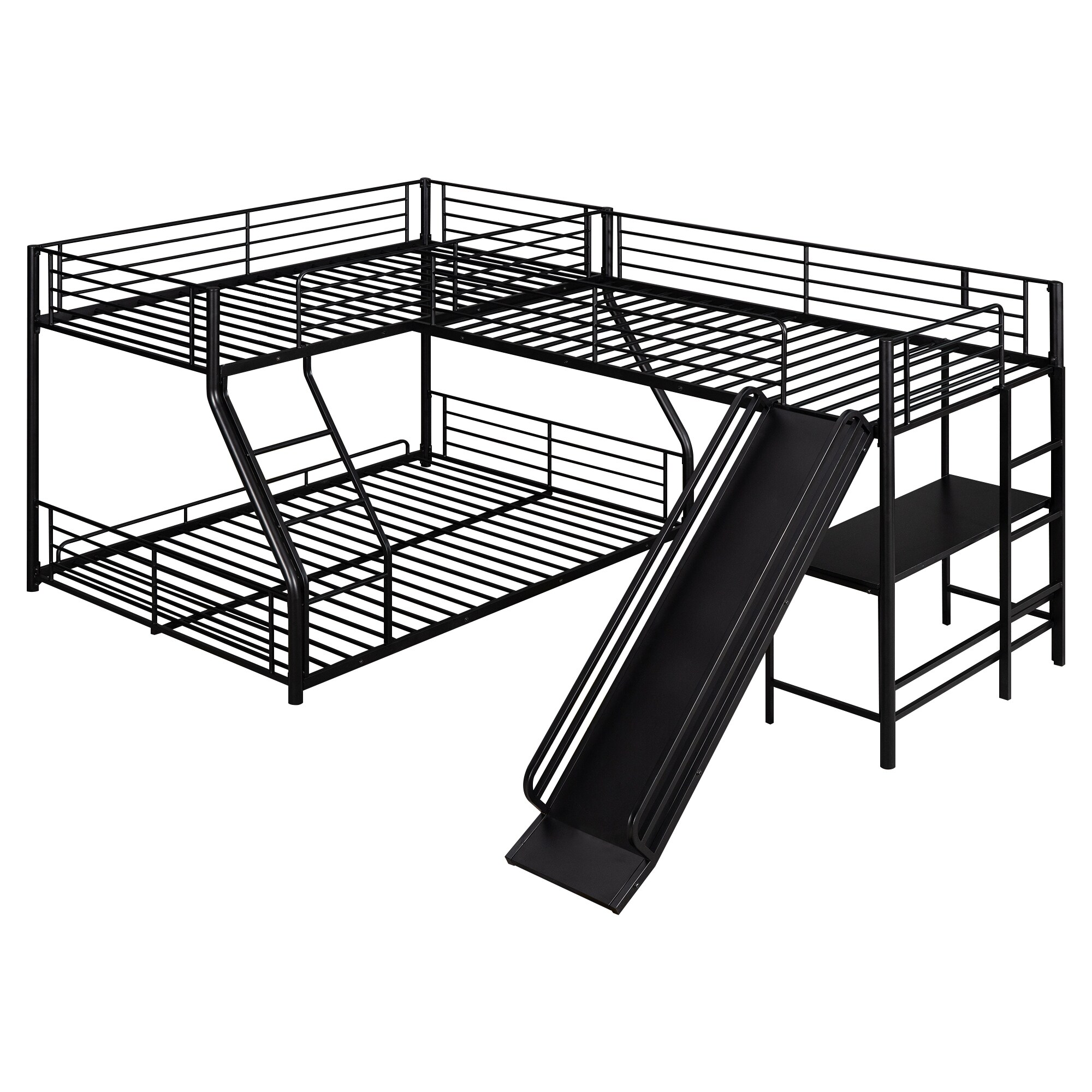 Black L-Shaped Twin over Full Bunk Bed with Twin Size Loft Bed, Built-in Desk and Slide, 117.4''L*77.6''W*53''H, 179.5LBS