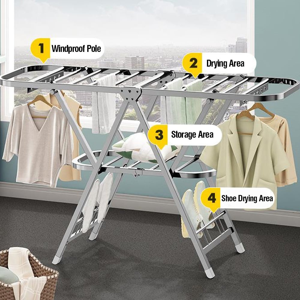 63 inches Clothes Drying Rack, Stainless Steel Space Saving Drying Rack, Foldable Laundry Rack, Silver