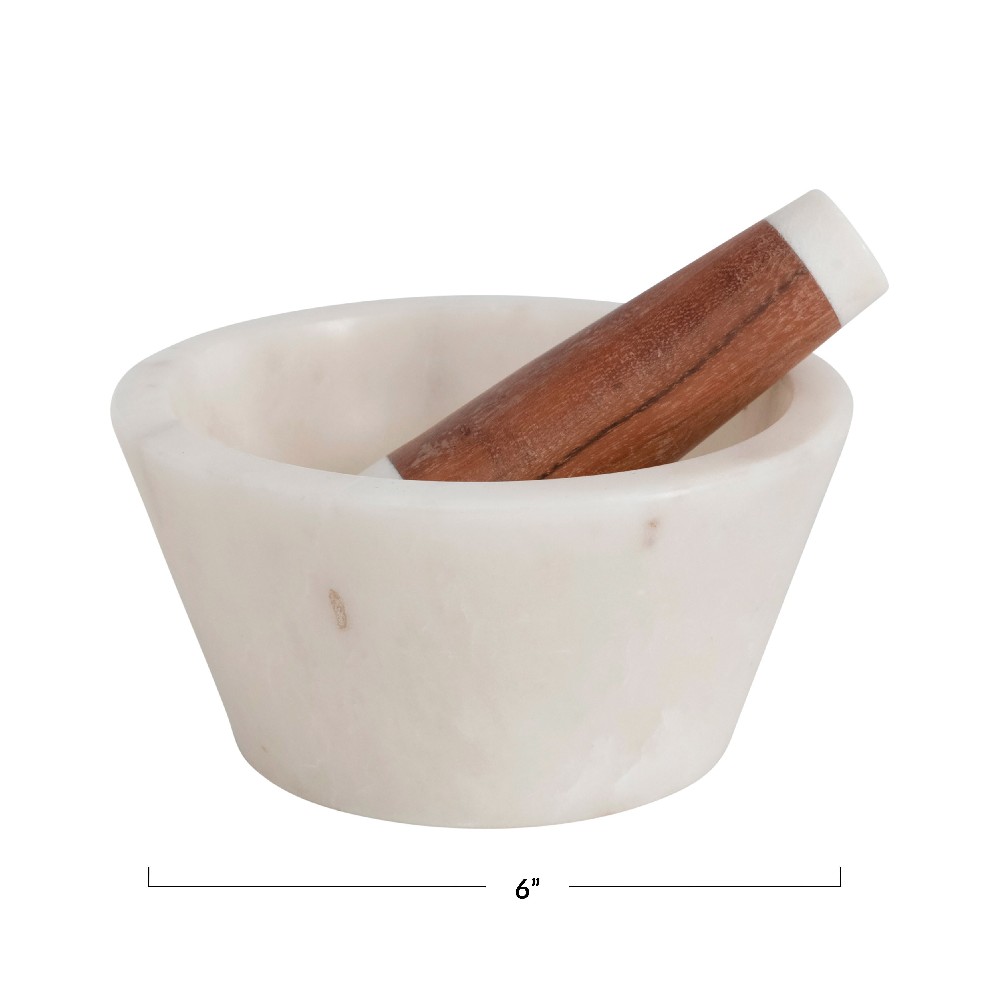 Marble and Acacia Wood Mortar and Pestle - 6.0"L x 6.0"W x 4.5"H