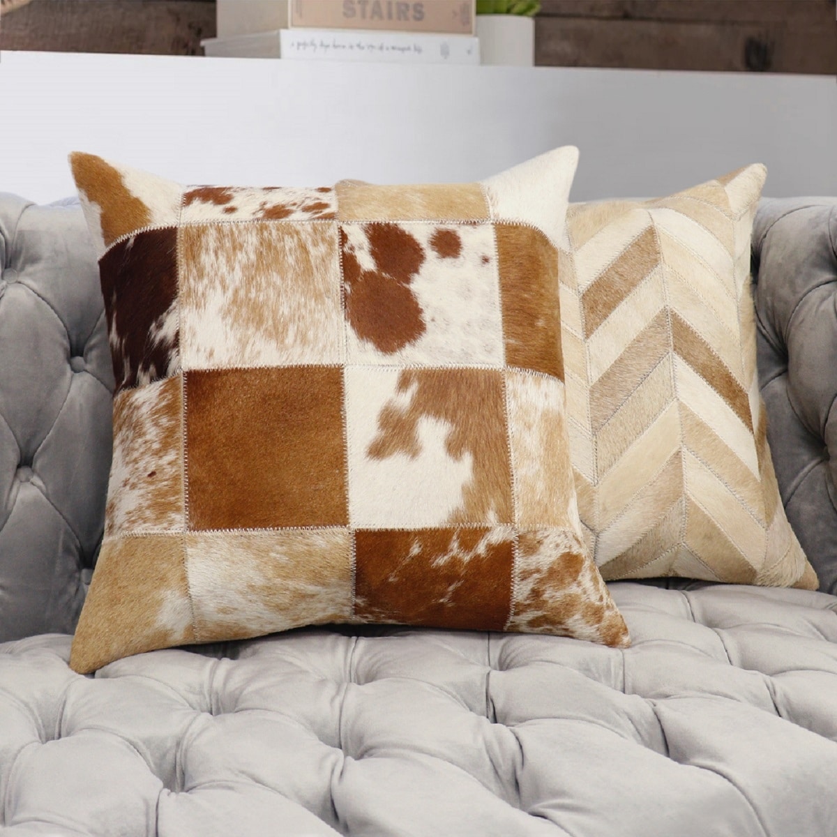 Pasargad Home Safari Checkered Brown Cowhide 17" Decorative Pillow