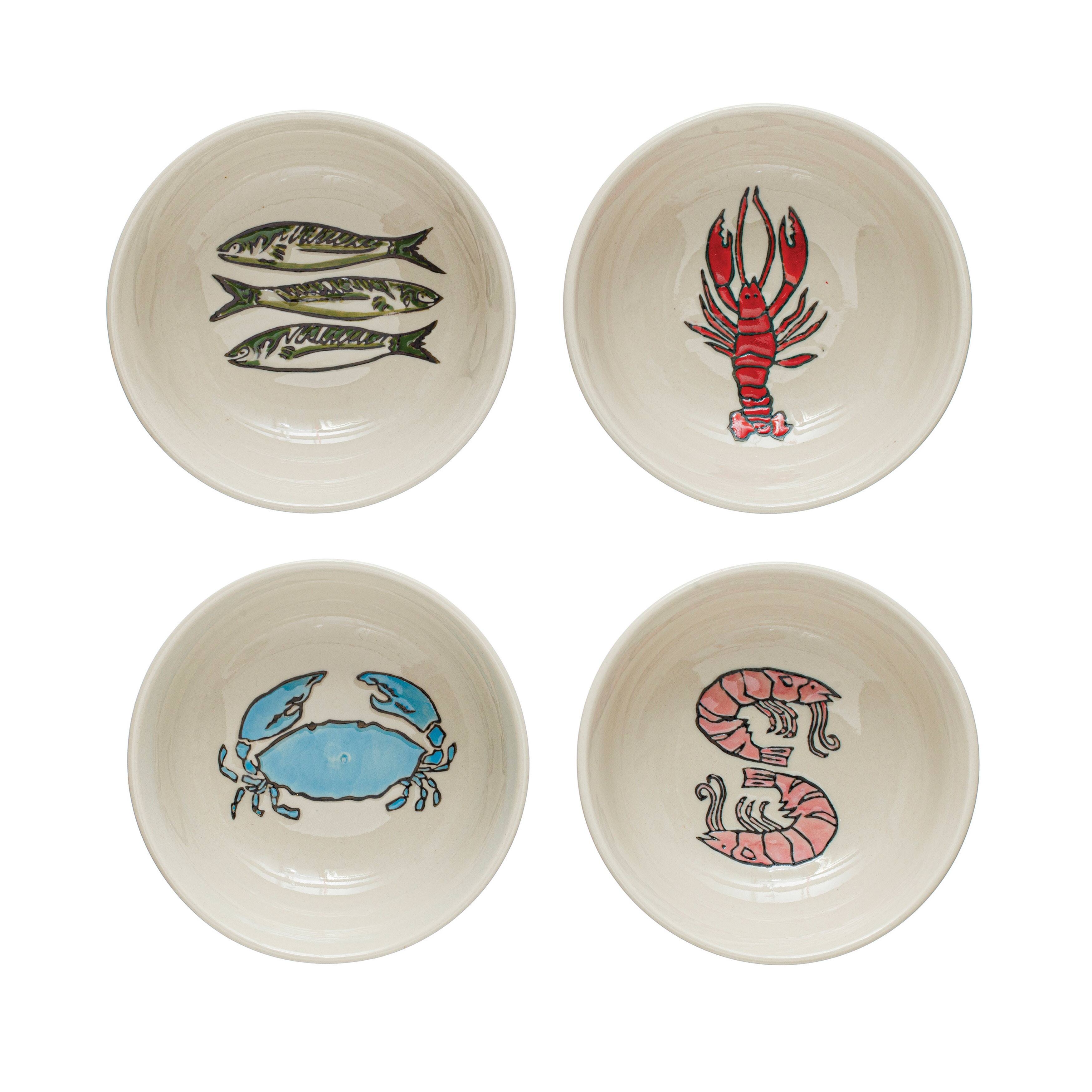 Stoneware Bowls with Wax Relief Sea Life - 4.5"L x 4.5"W x 1.8"H