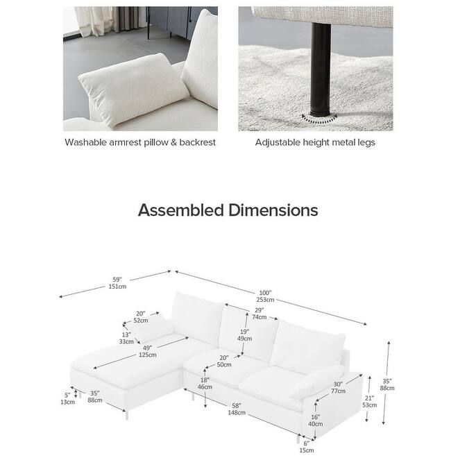 L-shaped Linen Sectional Sofa Modern Right Upholstered Chaise with Adjustable Height Metal Legs, Lounge Couch for Living Room