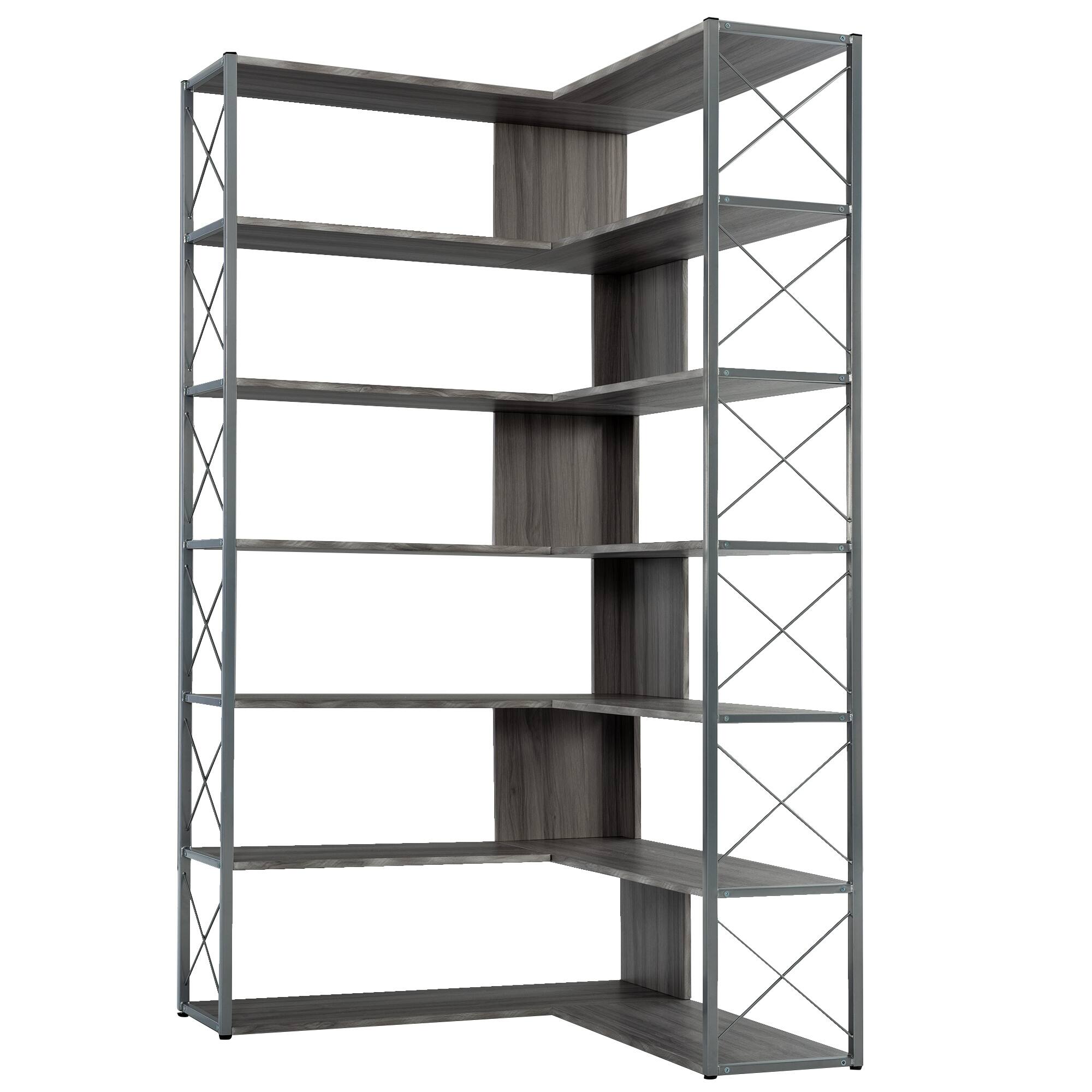 Black Industrial L-Shaped Corner 7-Tier Bookcase Home Office Bookshelf, 37.4''L*37.4''W*70.9''H, 95.9LBS