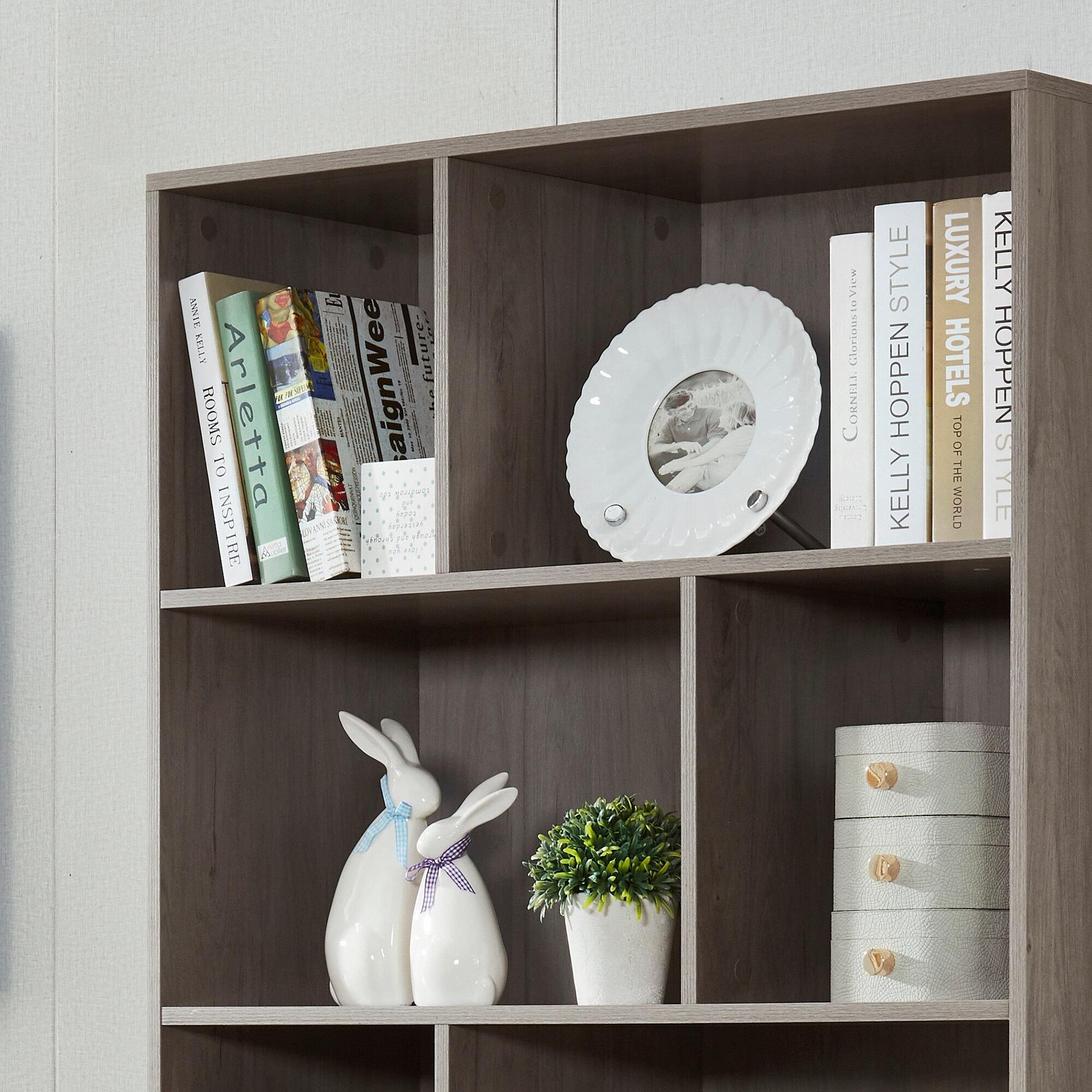 67.4''H Wall Standing Bookcase Multi-Storage Bookshelf with 6 Open Compartments and 2 Door Cabinets, Gray Oak