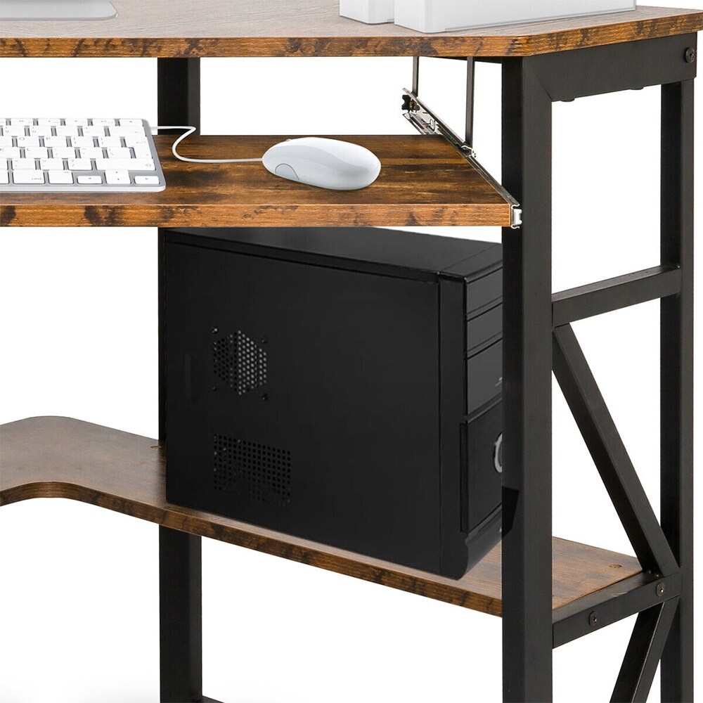 L-Shaped Corner Desk Computer Table W/ Shelves Brown