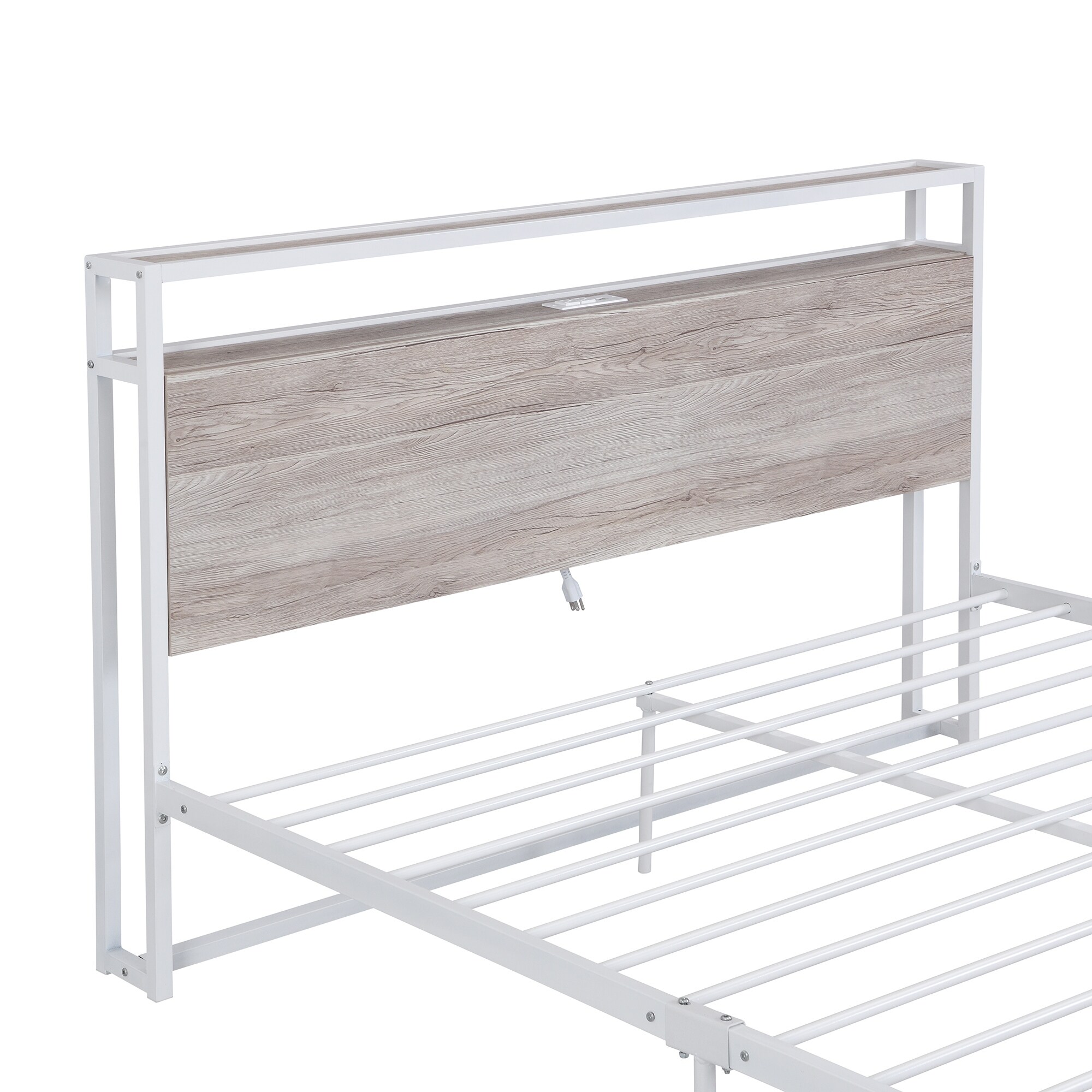 Queen Size Metal?Platform?Bed?Frame?with?Sockets,?USB?Ports and Slat?Support - Black