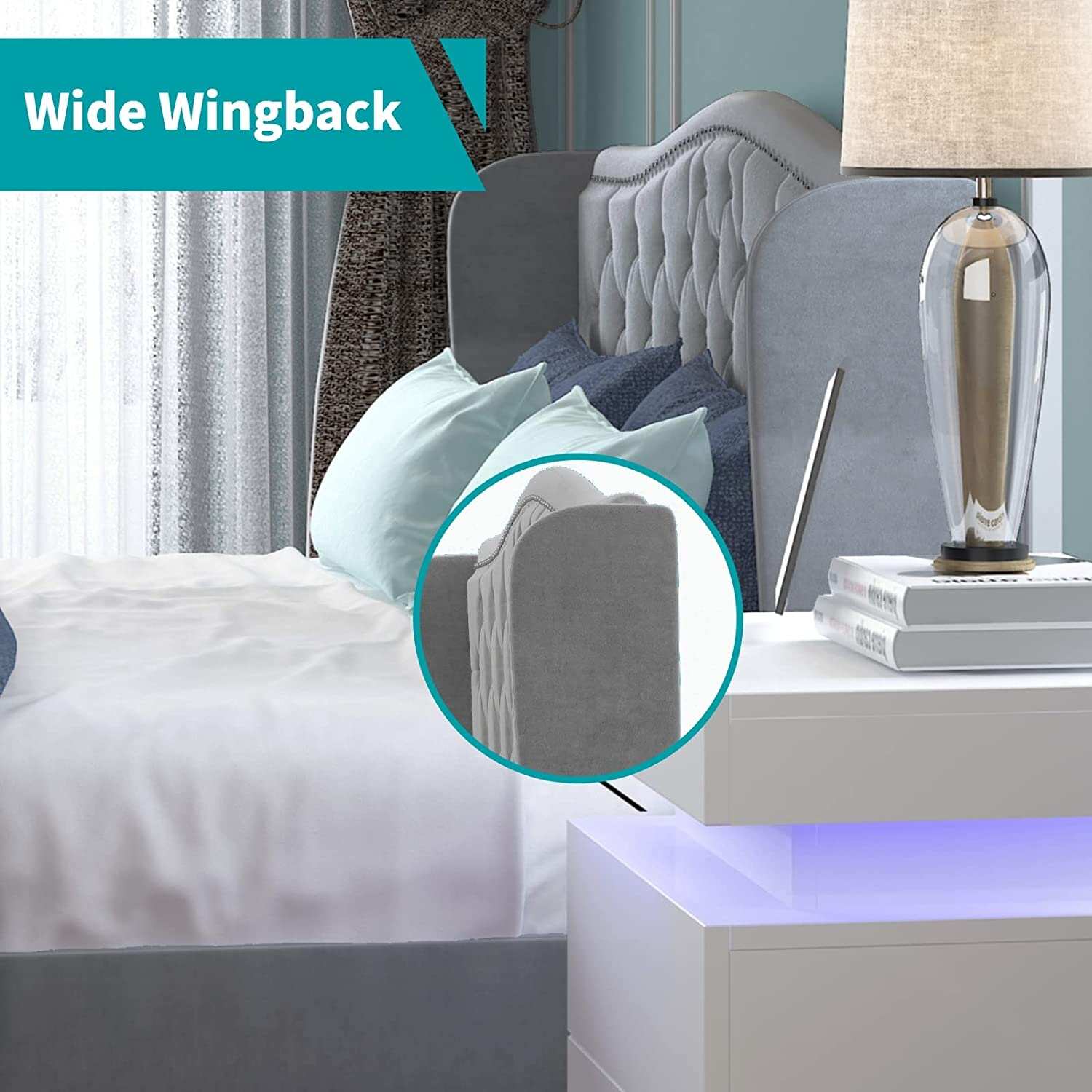 Mixoy Bed Frame with Headboard | Button Tufted Velvet/Dutch Velvet Bedroom Furniture | High Upholstered Platform Bed Frame
