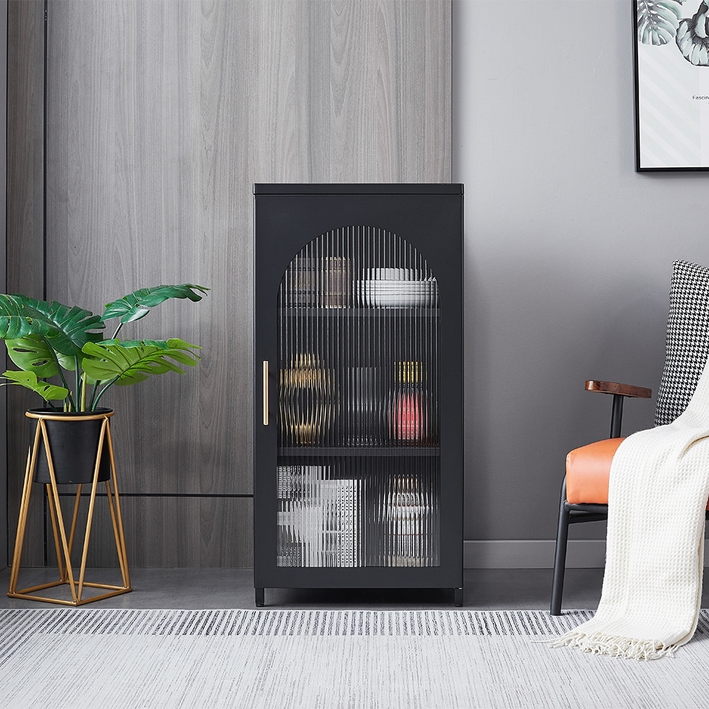 3 Tier Metal Storage Cabinet with Fluted Glass Door Sideboard with Adjustable Shelves in Black