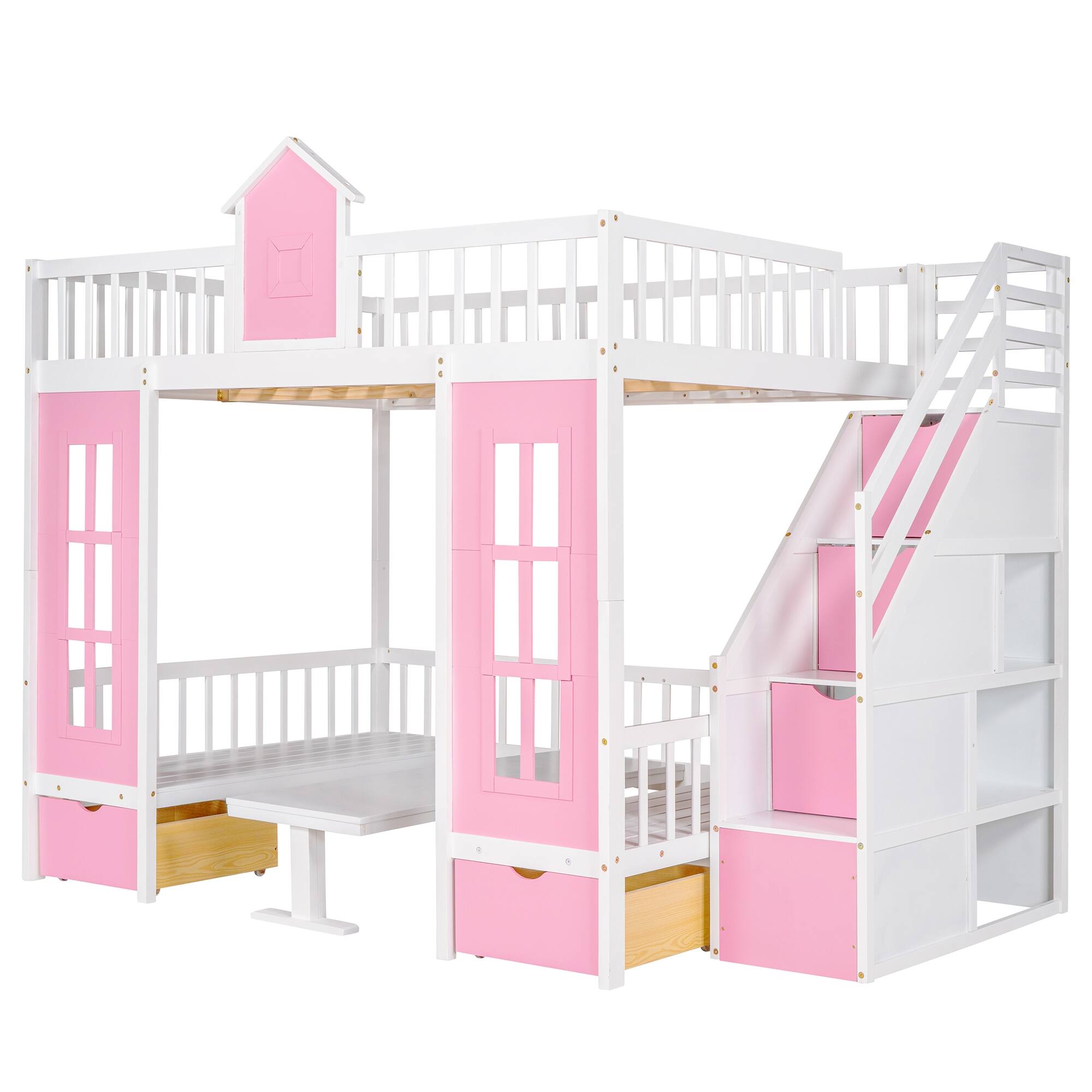 Full over Full Size Solid Wood Multifunctional Bunk Bed with Storage Staircase, Open Shelves and 2 Drawers