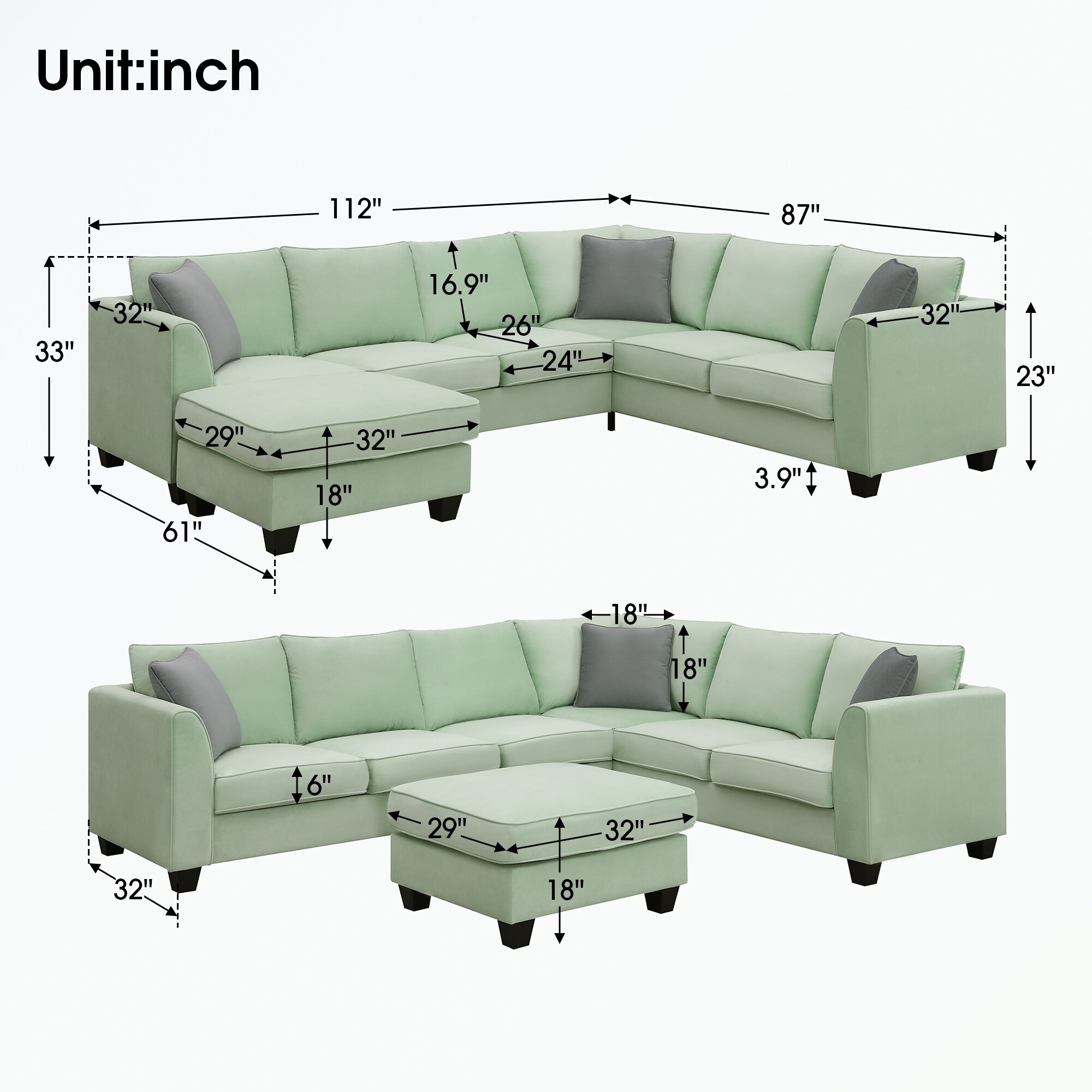 Modular Sectional Sofa with Ottoman and 3 Pillows