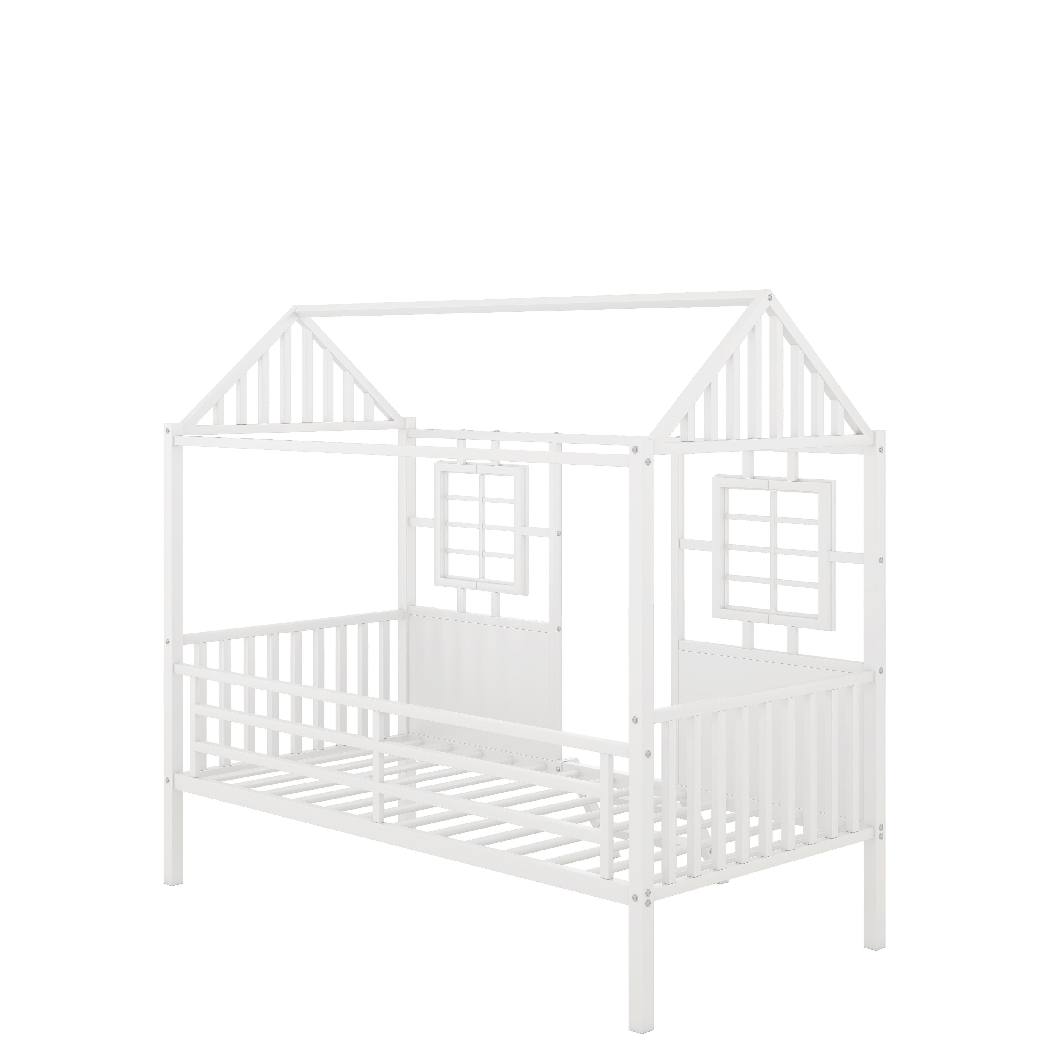 Twin Size Metal Low Loft House Bed with Roof and Two Front Window, Black
