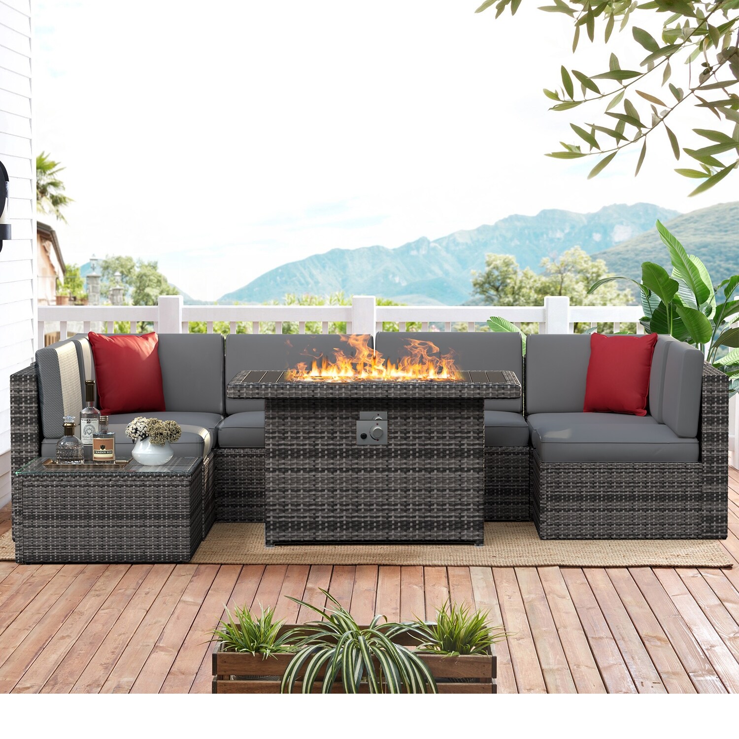 Outdoor Sectional Sofa Set with 44" Fire Pit Table