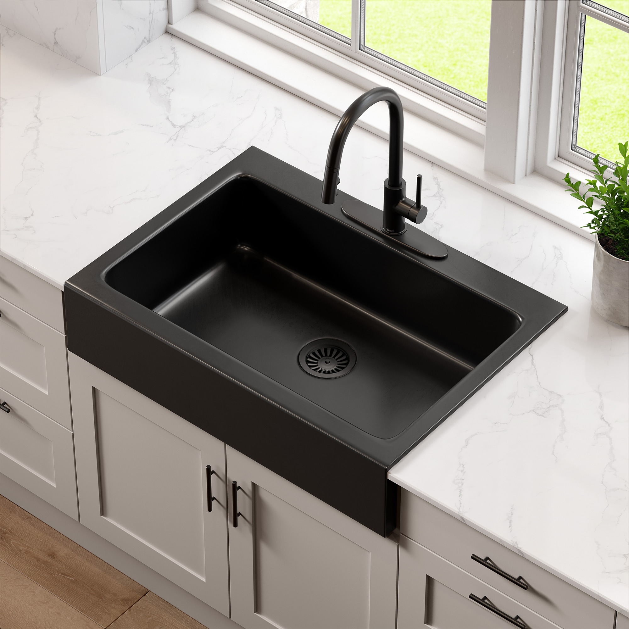 Sinkology Parker Matte Black Fireclay 33.85" Single Bowl Quick-Fit Drop-In Farmhouse Apron Kitchen Sink with 3 Holes and Drain