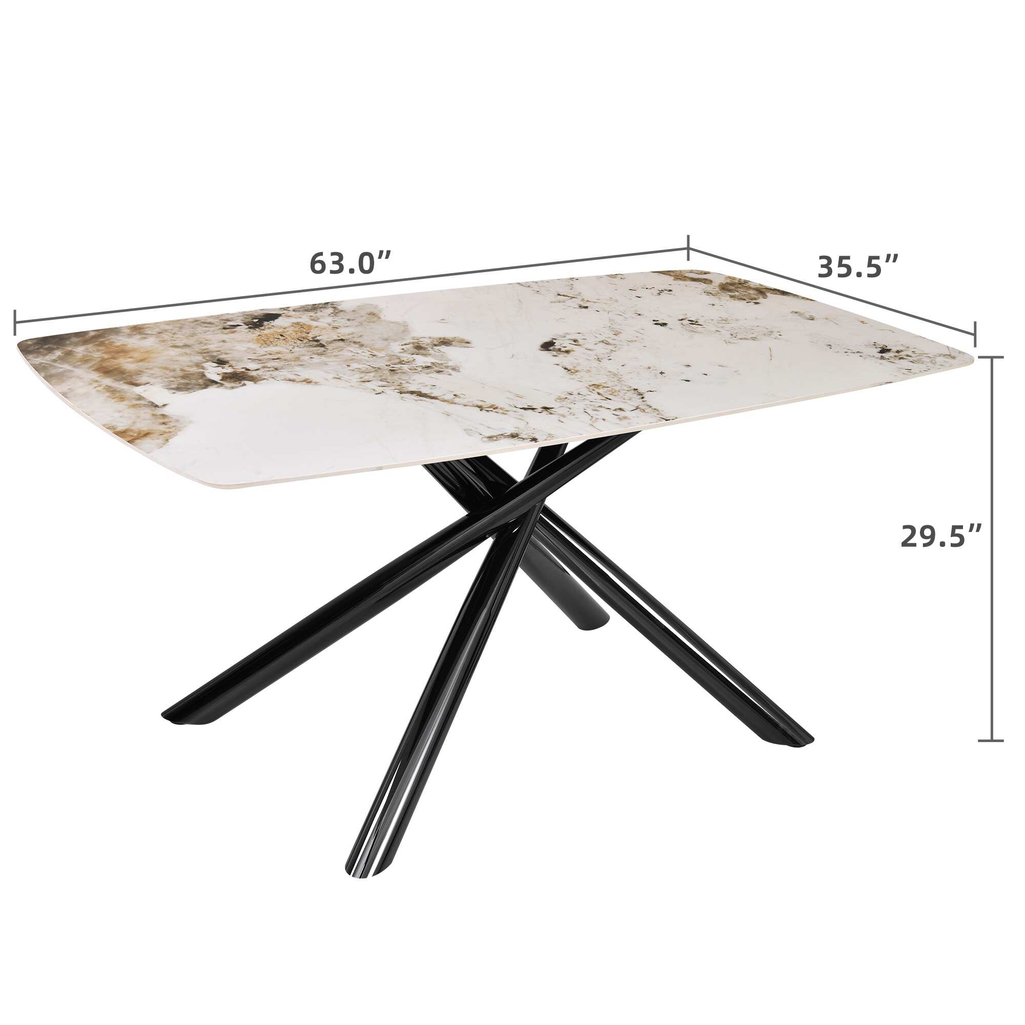 Chrysti Dining Table 63" Marble Top X-shaped Black Carbon Steel Base - 63 in