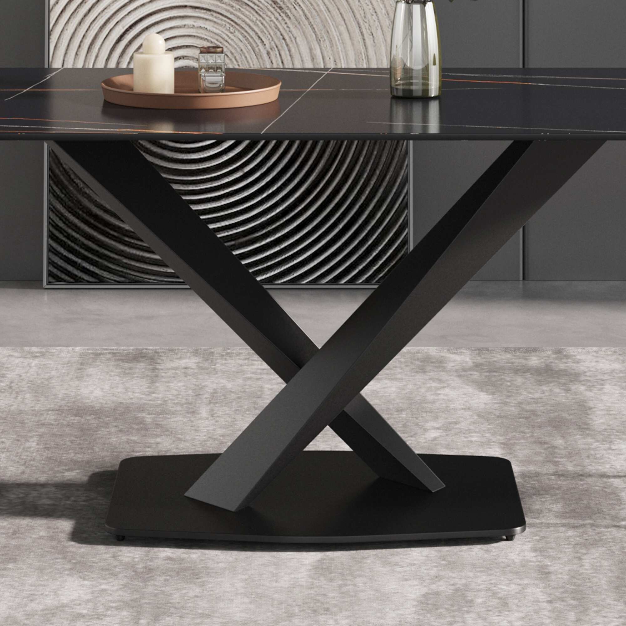 63" Modern Dining Table with Artificial Stone Top and Metal X-leg