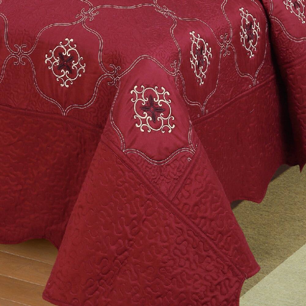 3Pcs Embroidery Quilts Bedspreads Set Coverlet Oversized King Burgundy