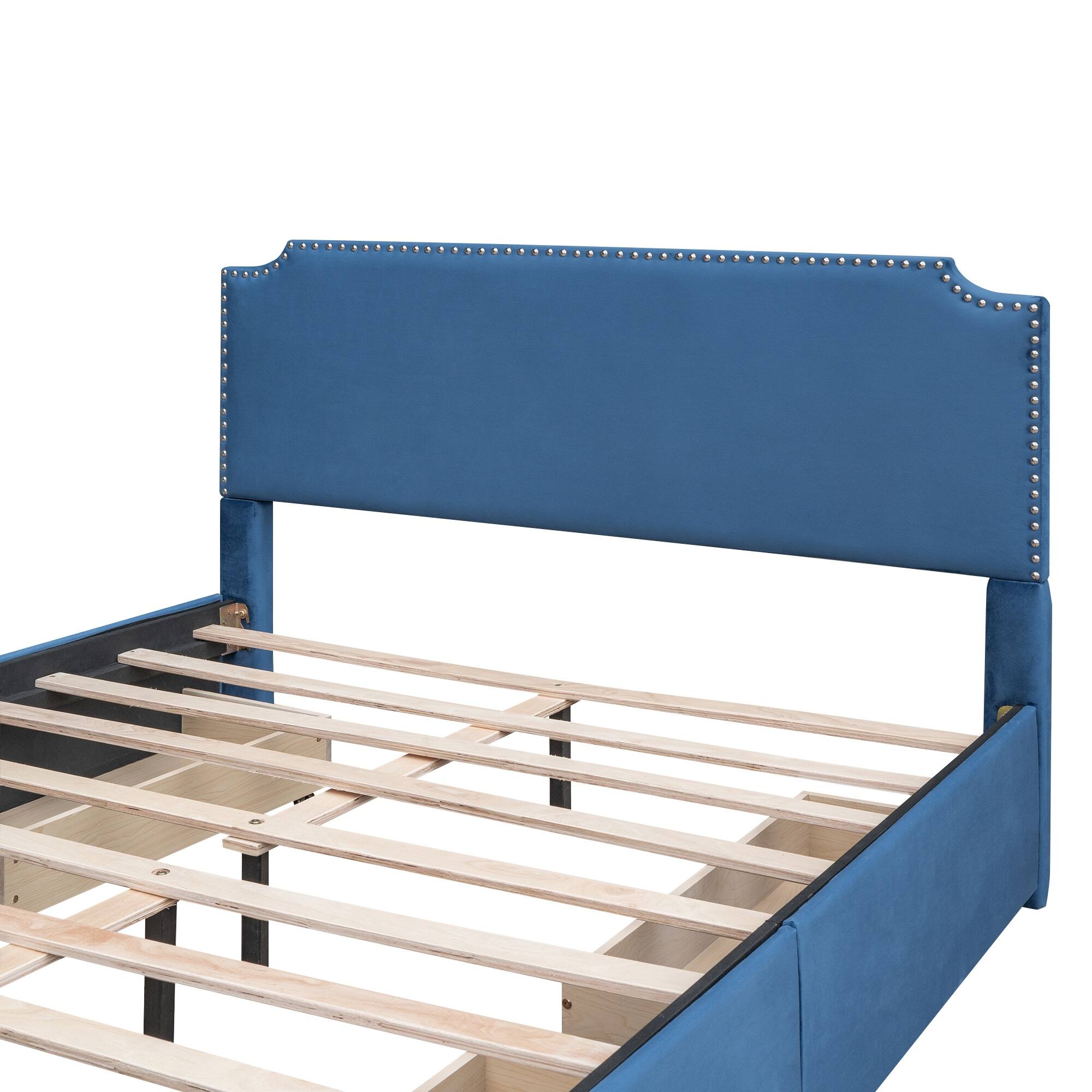 Upholstered Platform Bed with Stud Trim and 4 Drawers