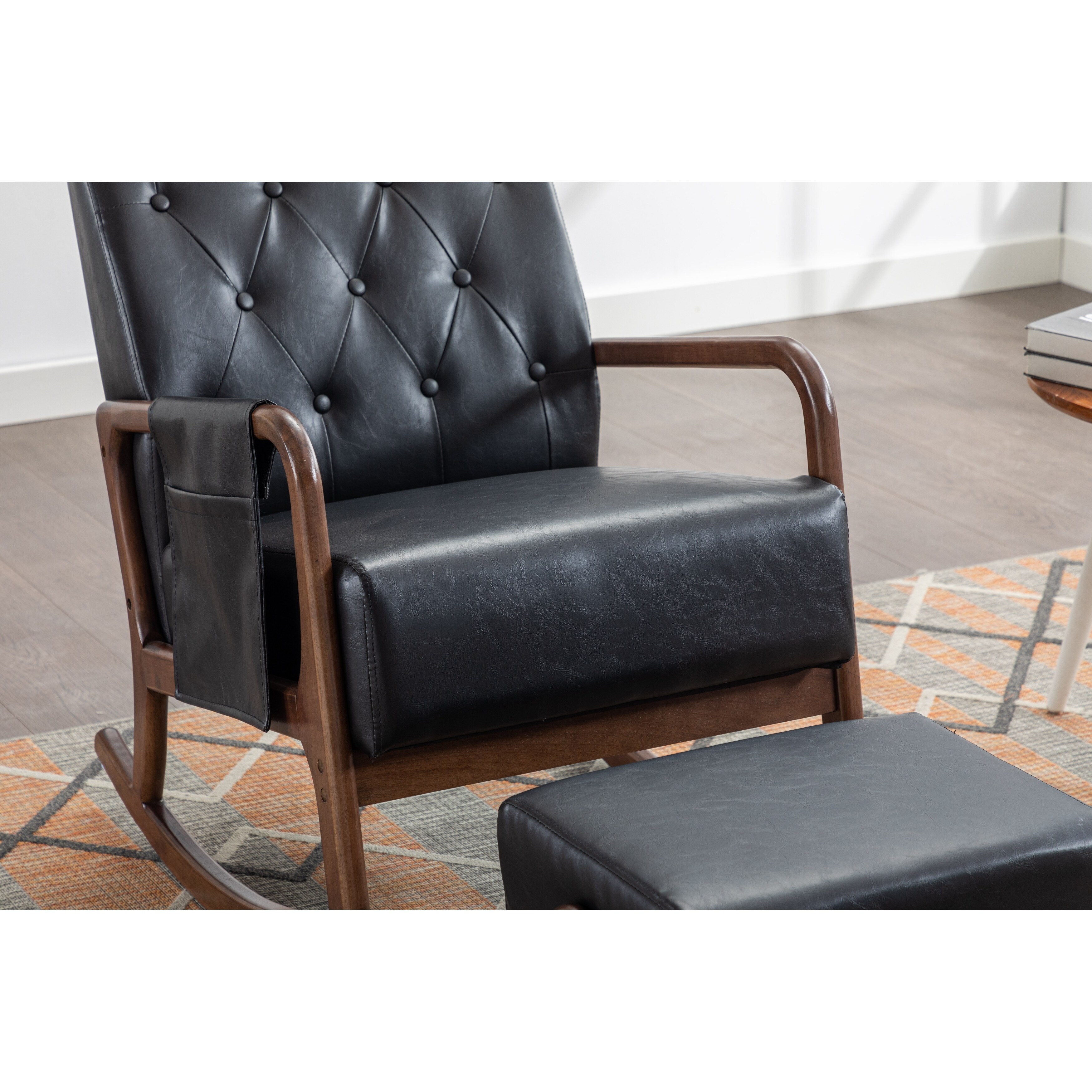 Mid-Century Modern Leather Rocking Chair With Ottoman