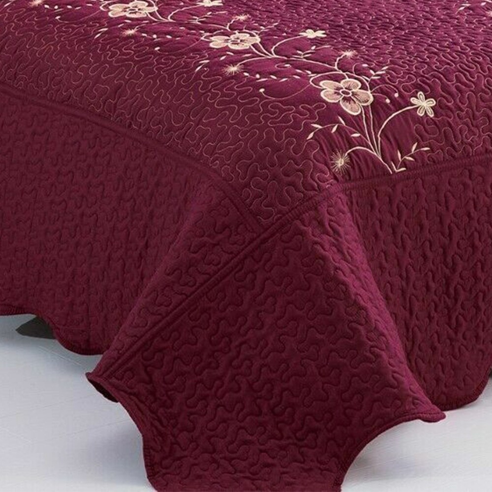 3Pcs Embroidery Quilts Bedspreads Set Bedding Coverlet King Burgundy