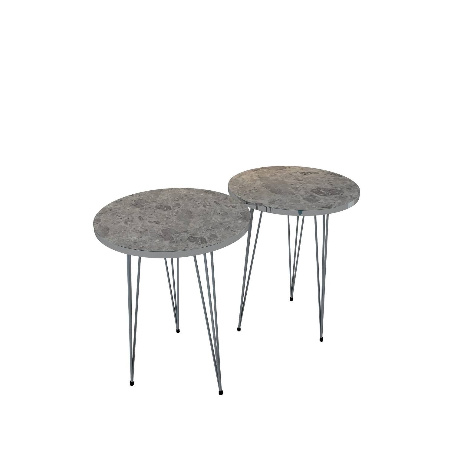 Set of 2 High Gloss Grey Marble Silver Legs End Tables Round Wood Sofa Side Coffee Tables