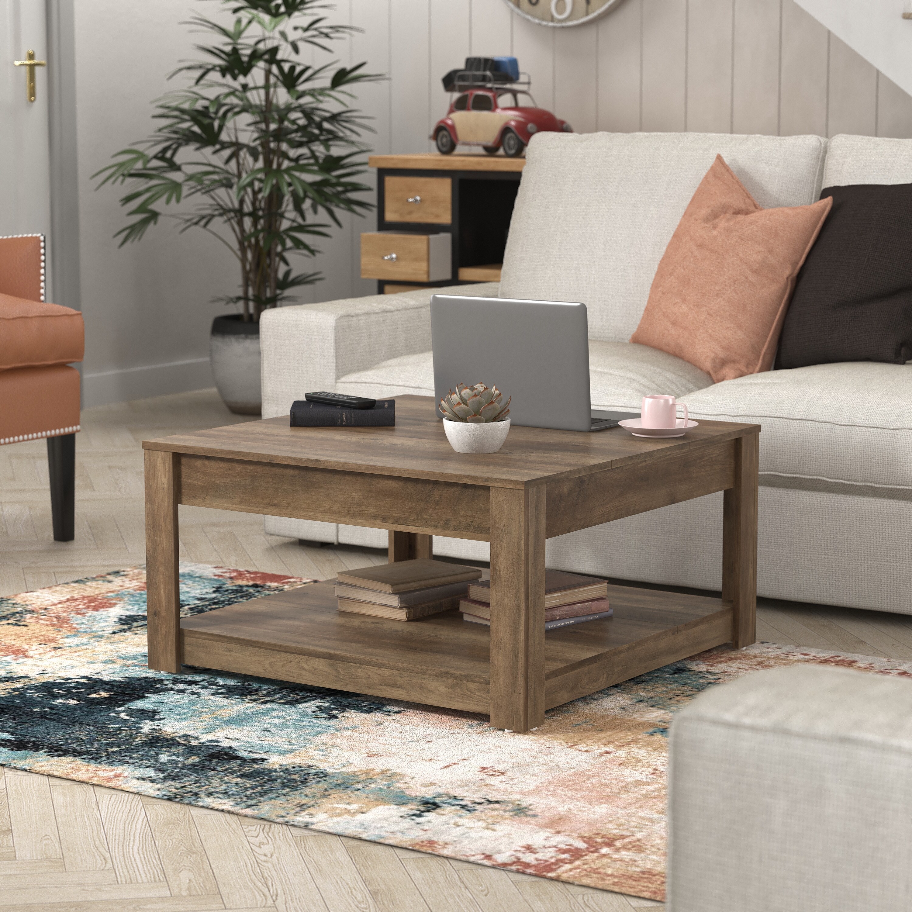GALANO Philia 31.5 in. Oak Square Wood Top Coffee Table with Storage - 31.5"W x 31.5"D x 16.3"H