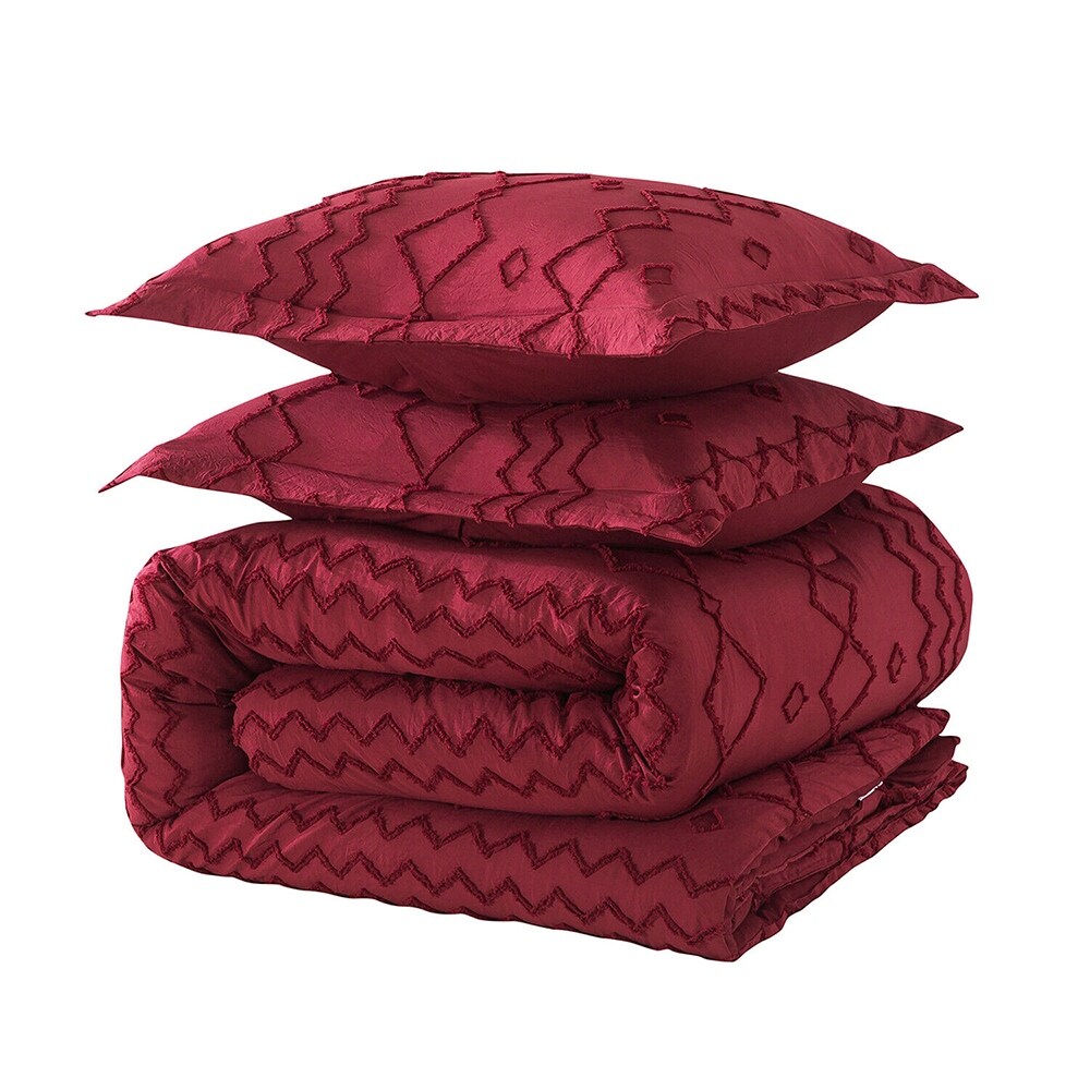 3PCS Tufted Comforter Set Boho Geometry Embroidery Twin Burgundy