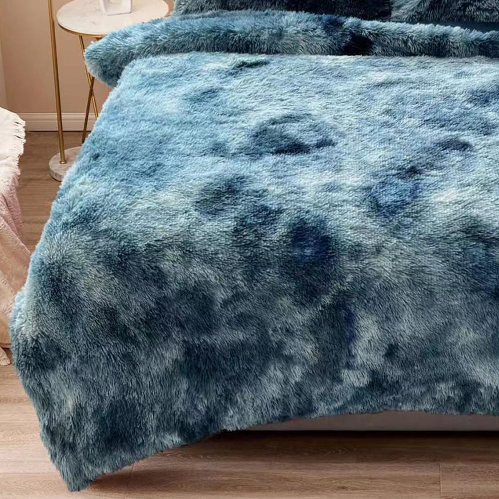 Fluffy Shaggy Comforter Set with 2 Pillowcases King Tie Dyed Teal