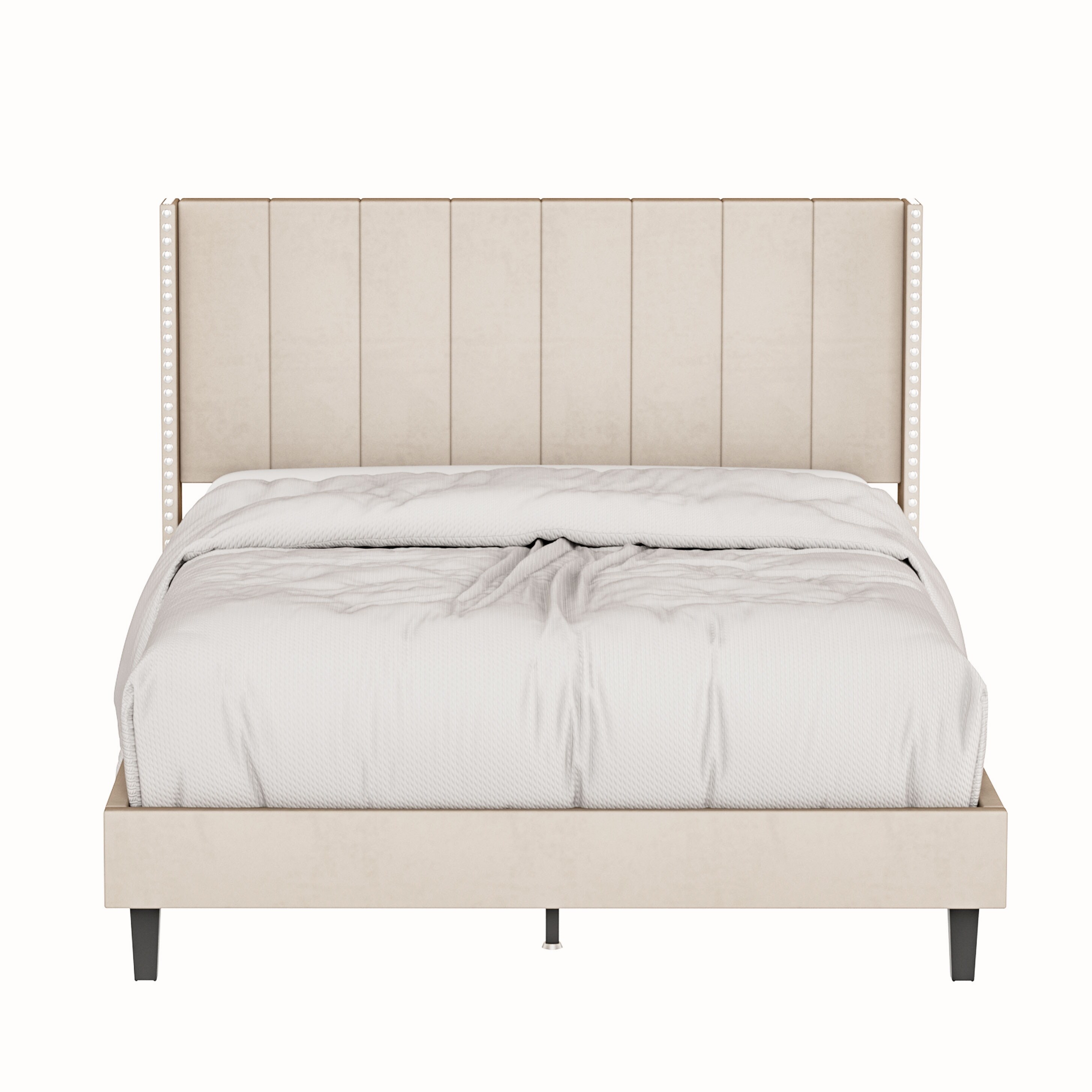 Queen Size Tufted Upholstered Bed Frame Low Profile Velvet Bed Frame Platform with Raised Wingback Headboard
