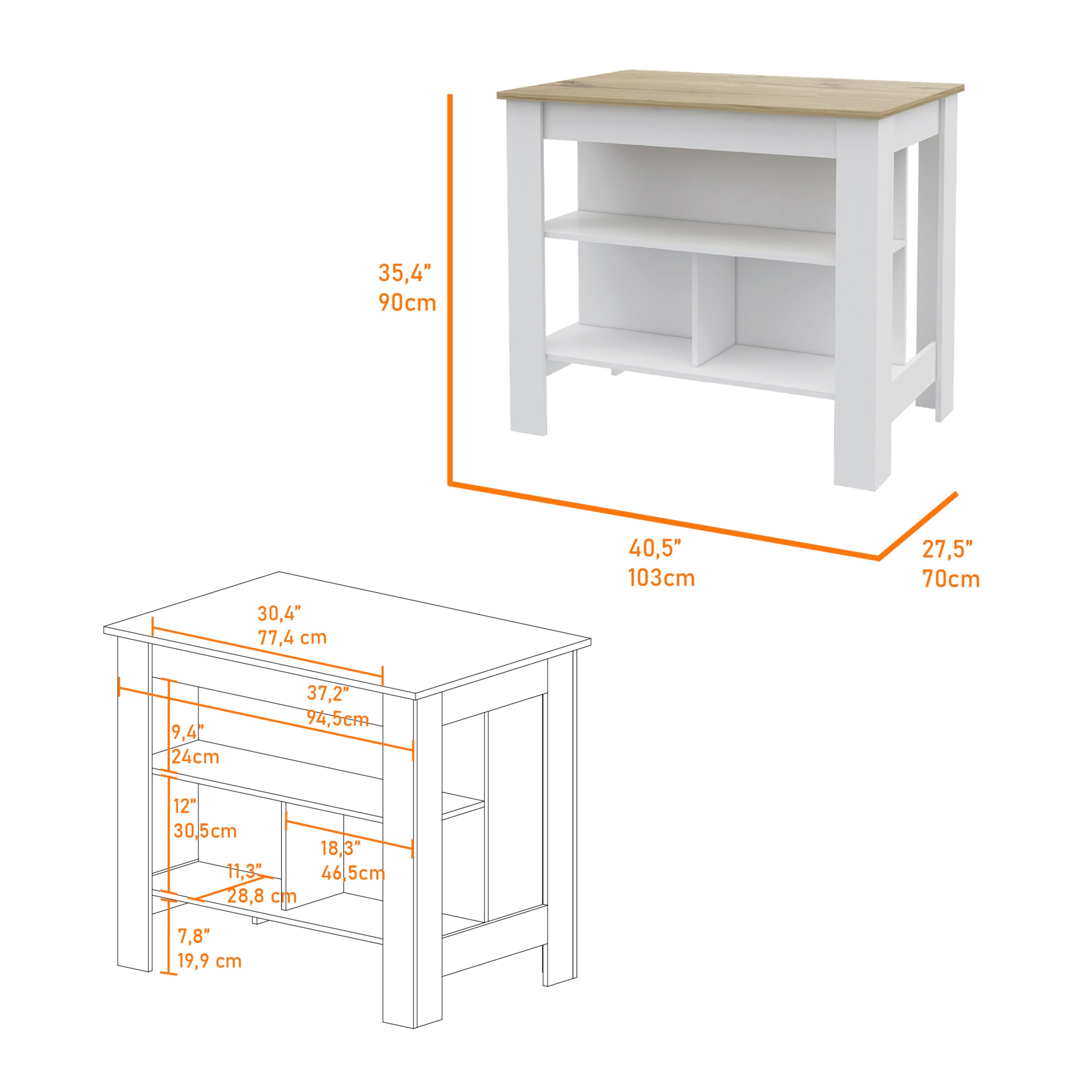 Modern 3-Shelf Rectangle Kitchen Island, Manufactured wood