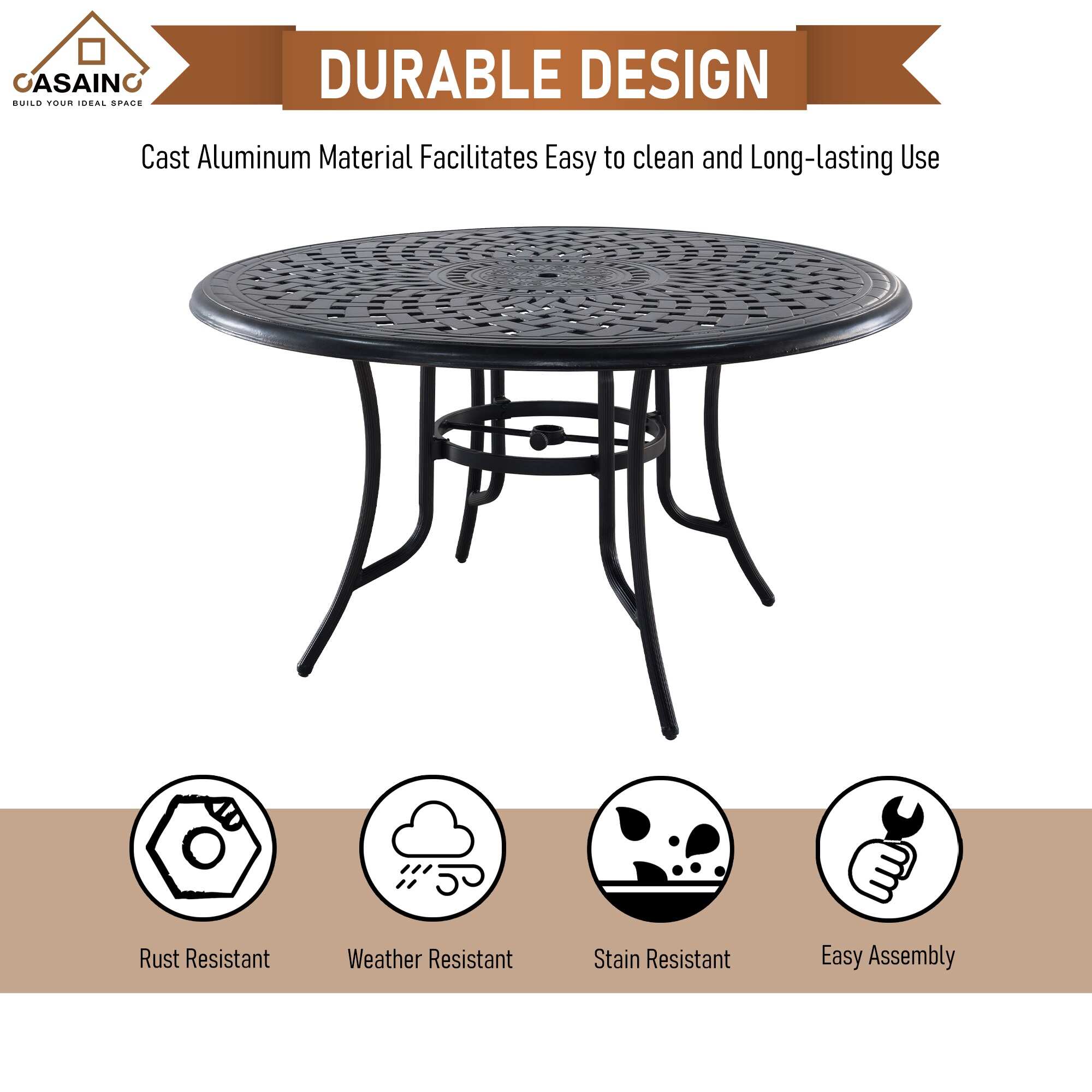 Casainc 51 inch W Round Bronze Cast Aluminum Outdoor Dining Table