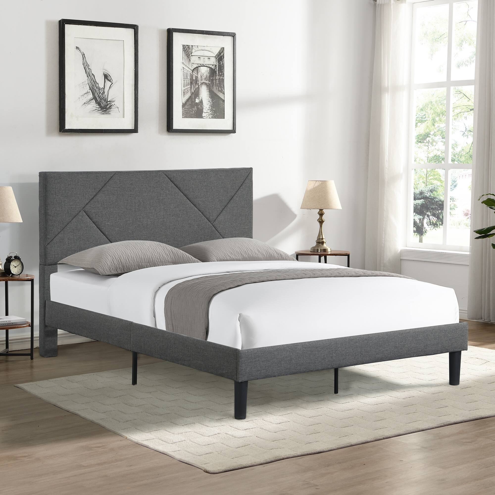 Full Size Upholstered Platform Bed Frame with Headboard, Strong Wood Slat Support, Mattress Foundation,Gray