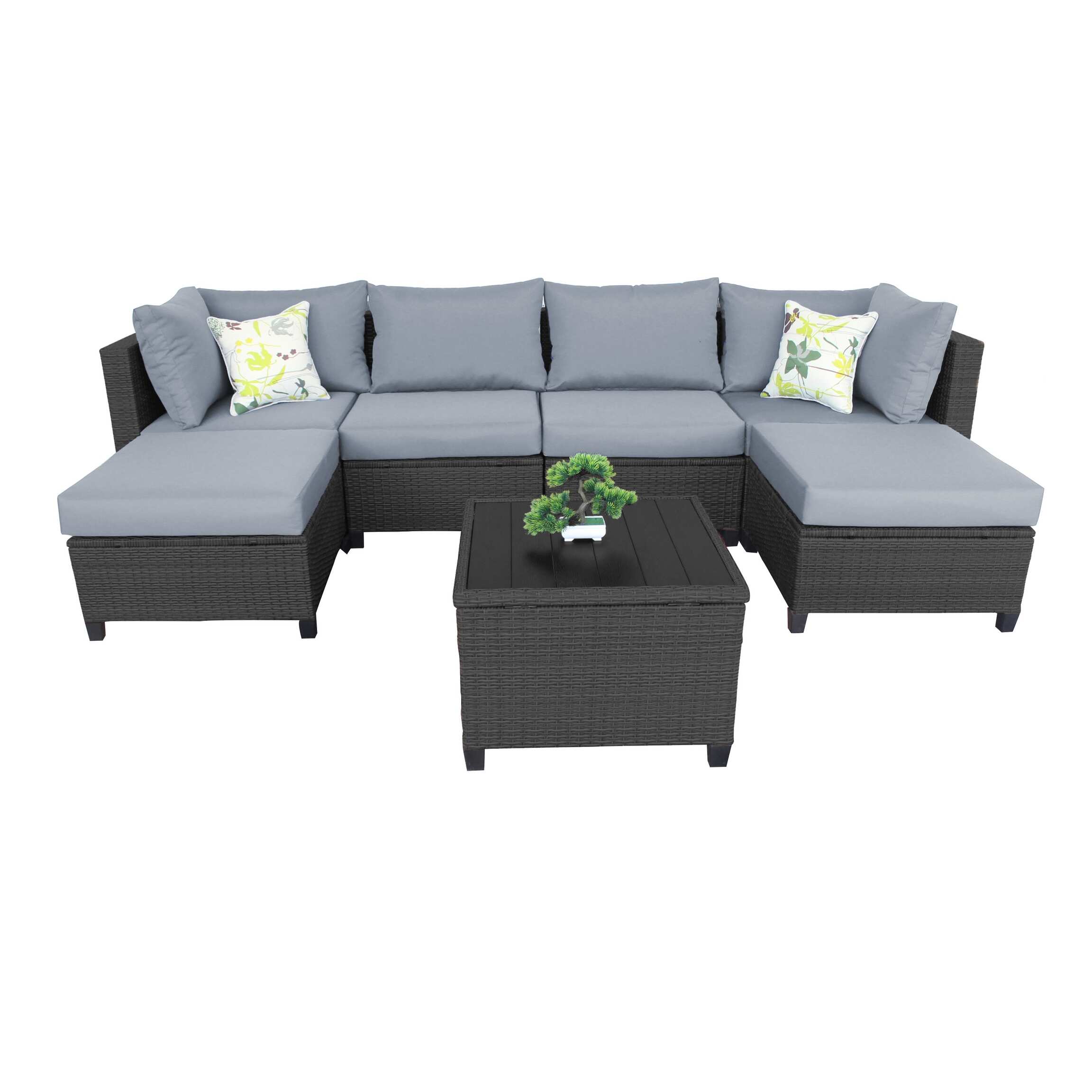 6-Seater Outdoor Wicker Sectional Sofa Set with Thick Cushion and Storage Function Table, All Weather Metal Frame - Gray
