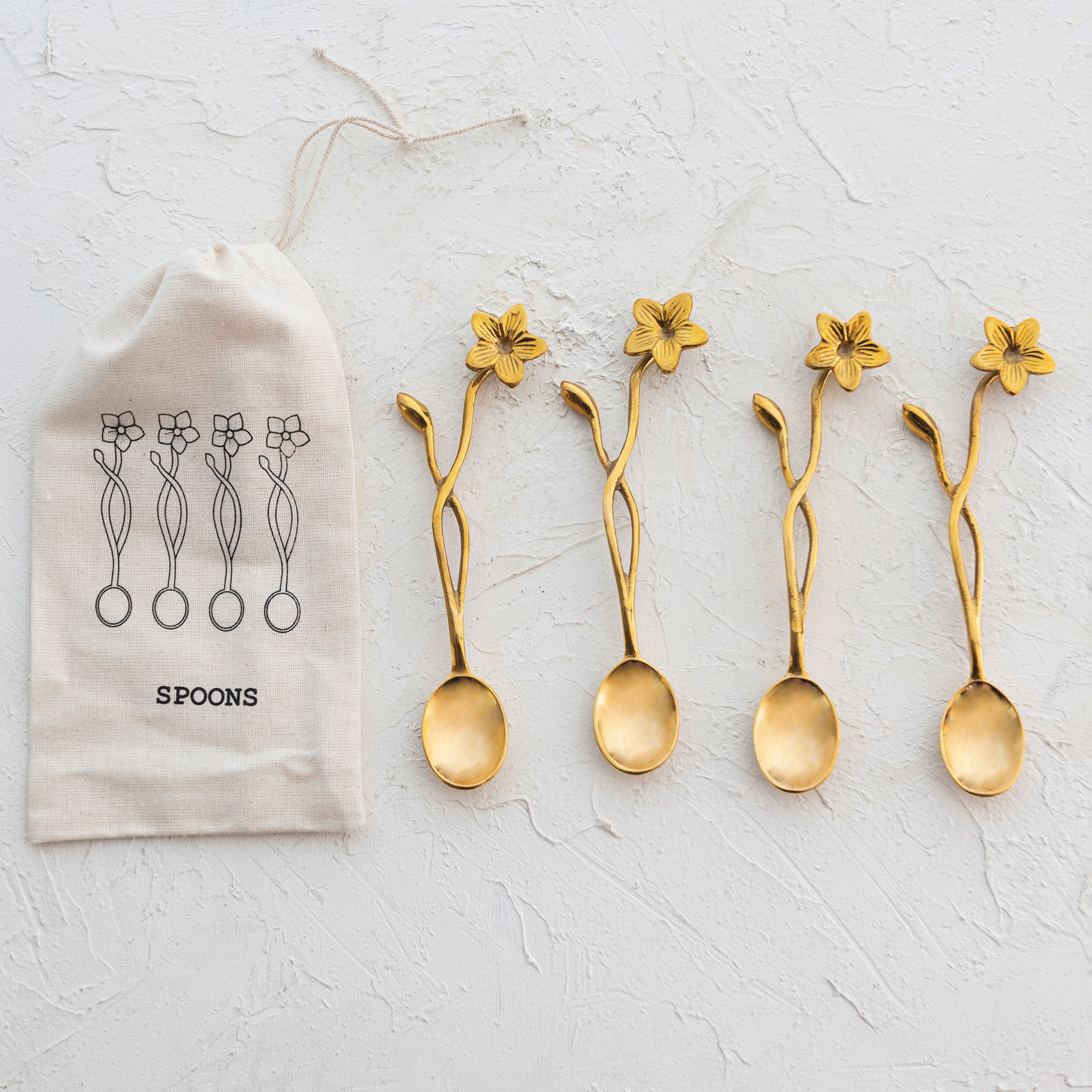 Brass Spoons with Flower Handles in Drawstring Bag - 5.5"L x 2.0"W x 0.3"H
