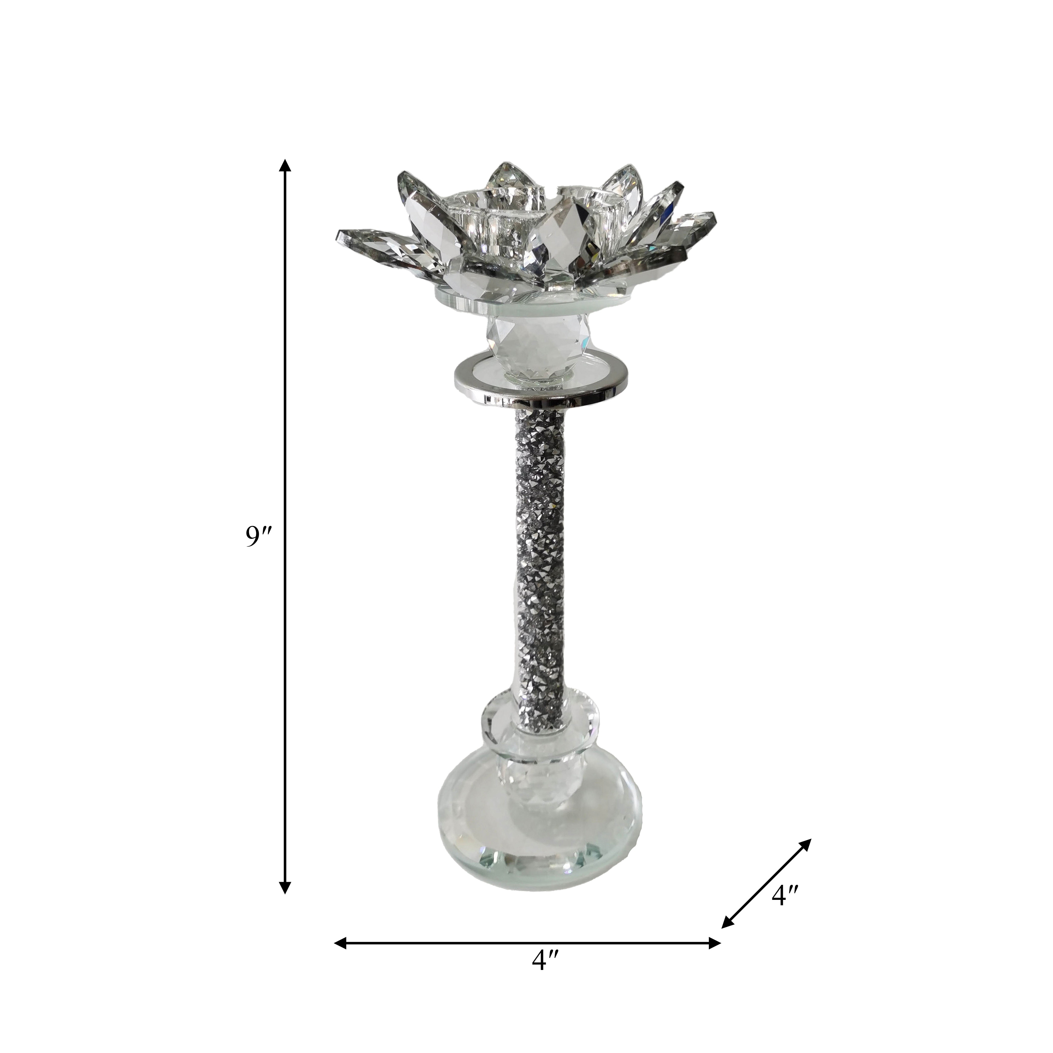 Sagebrook Home Glass, 9"H Lotus Glitter Candle Holder, Silver, Pillar, 9"H, Glitter - 4" x 4" x 9"