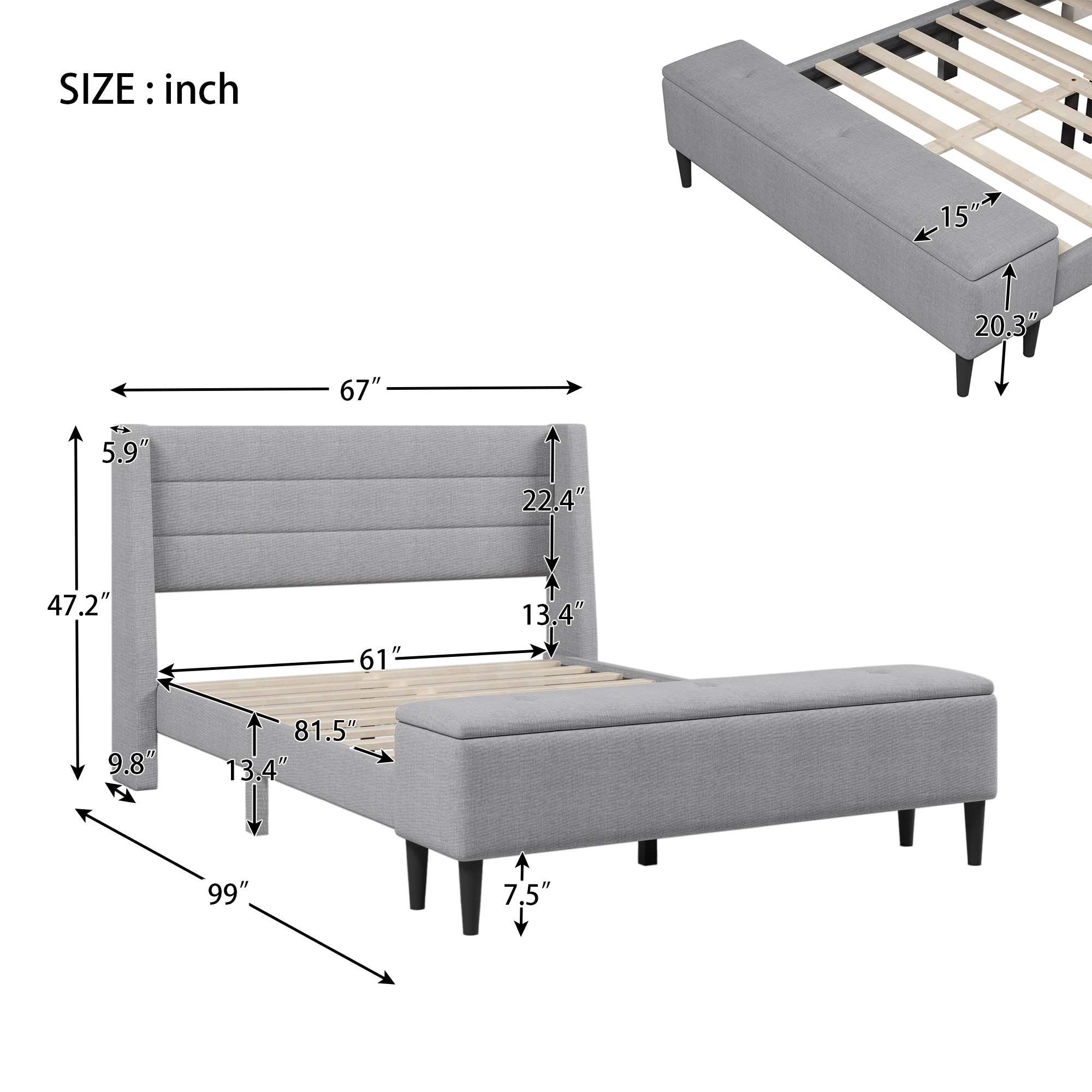Upholstered Storage Bed Frame with Storage Ottoman Bench