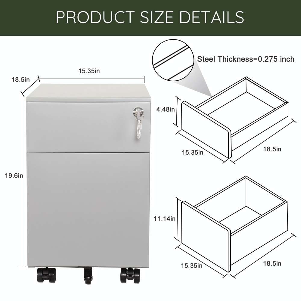 15-inch Width 2 Drawer Mobile File Cabinet with Lock
