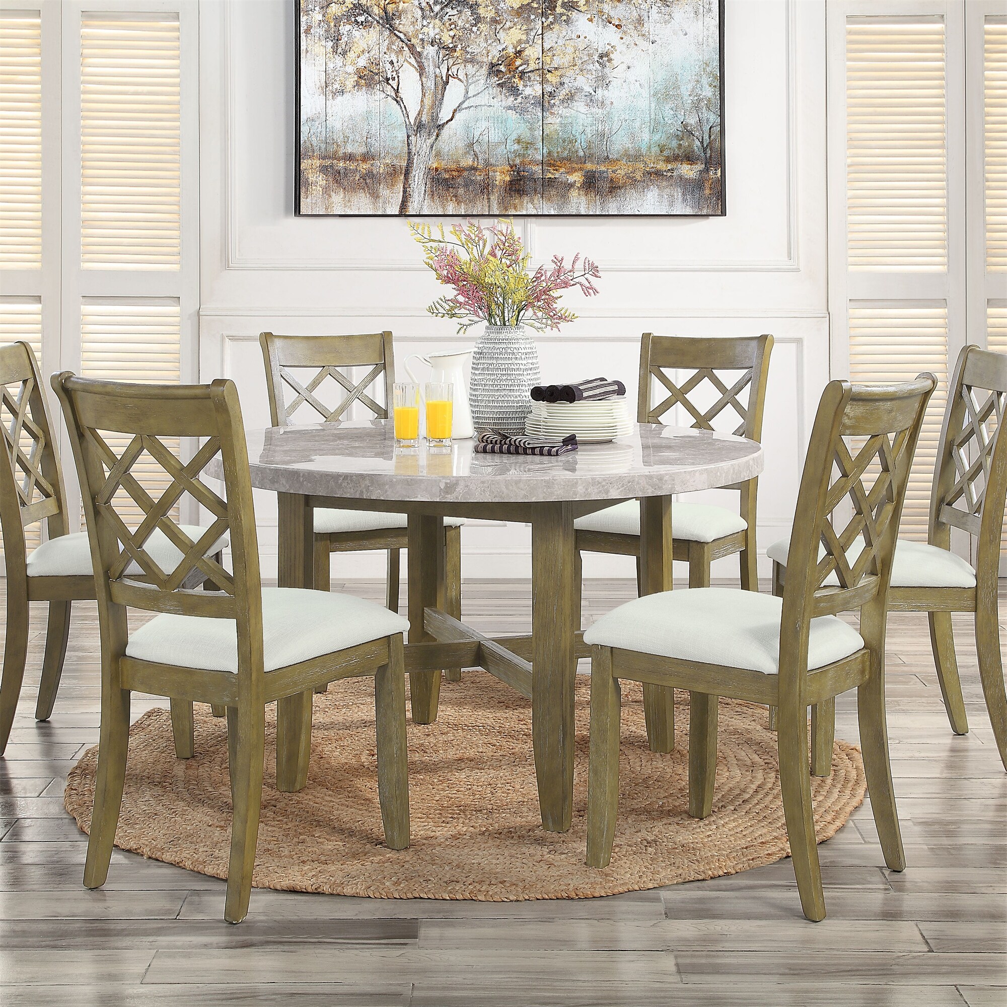 Round Dining Table with Marble Top and Oak Finish